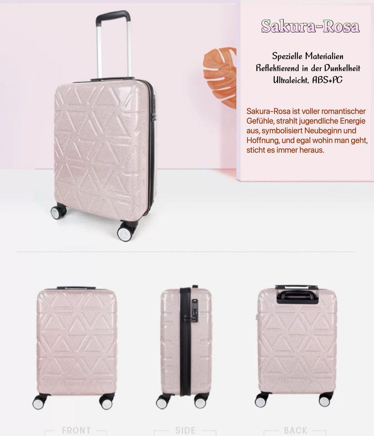 NEWCOM Hartschalen-Trolley Reisekoffer mit TSA Schloss Reflektorstoff Glanz Glitzer, 4 Rollen, Geräuschlose 360° Doppelrollen, 20 Zoll, Ultraleicht, ABS+PC, Rosa