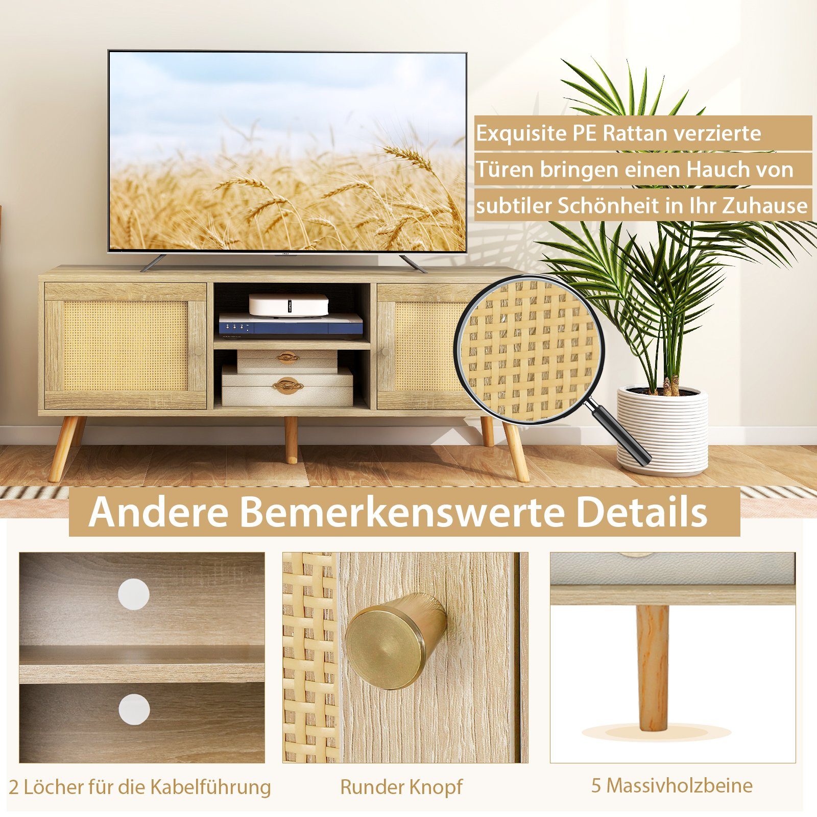 COSTWAY TV-Schrank aus Türen & Holz, Rattan 120x40x48,5cm mit Fächern, 2