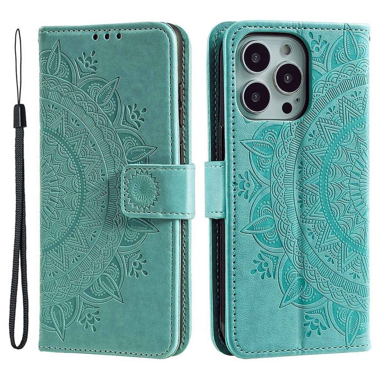 CoverKingz Handyhülle Hülle für Apple iPhone 14 Pro Max Handyhülle Flip Case Schutzhülle 17,0 cm (6,69 Zoll), Klapphülle Schutzhülle mit Kartenfach Schutztasche Motiv Mandala