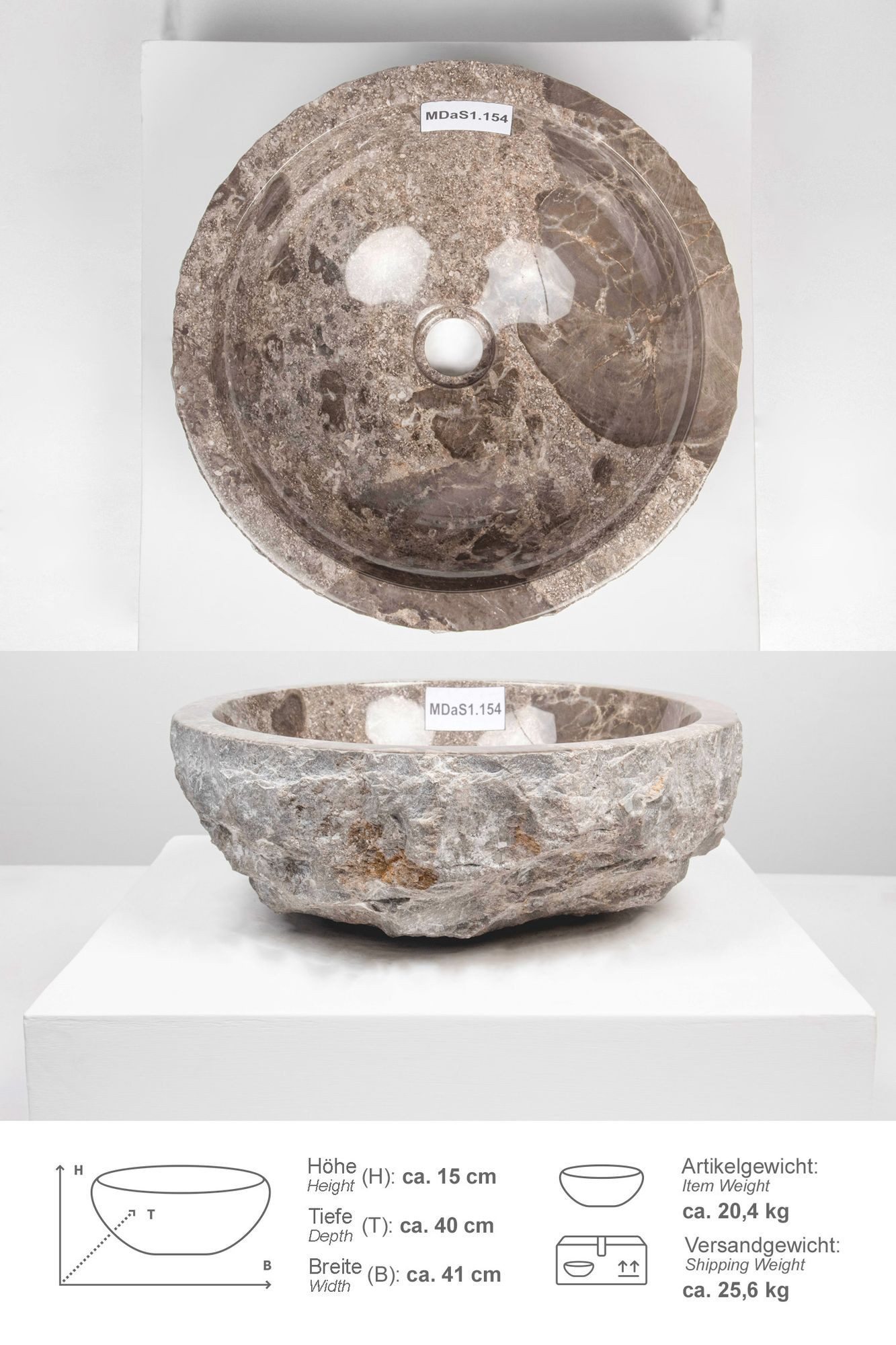 wohnfreuden Aufsatzwaschbecken Erosi Marmor Waschbecken 40 cm grau (Kein Set), 125883_MDaS1.154