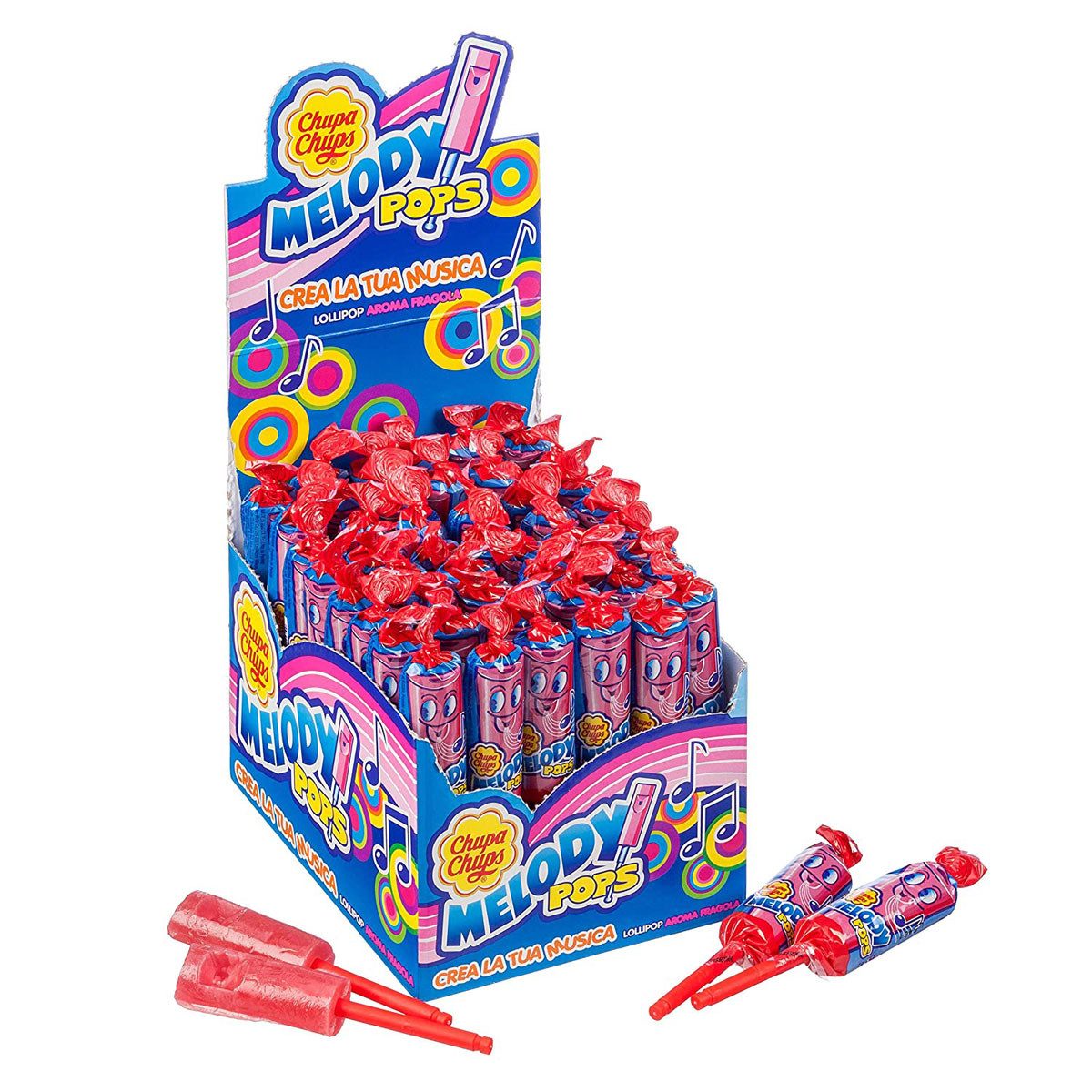 Chupa Chups Süßigkeit, Chupa Chups Melody Pop Lolly mit Flöte Erdbeergeschmack 16g 48er Pack