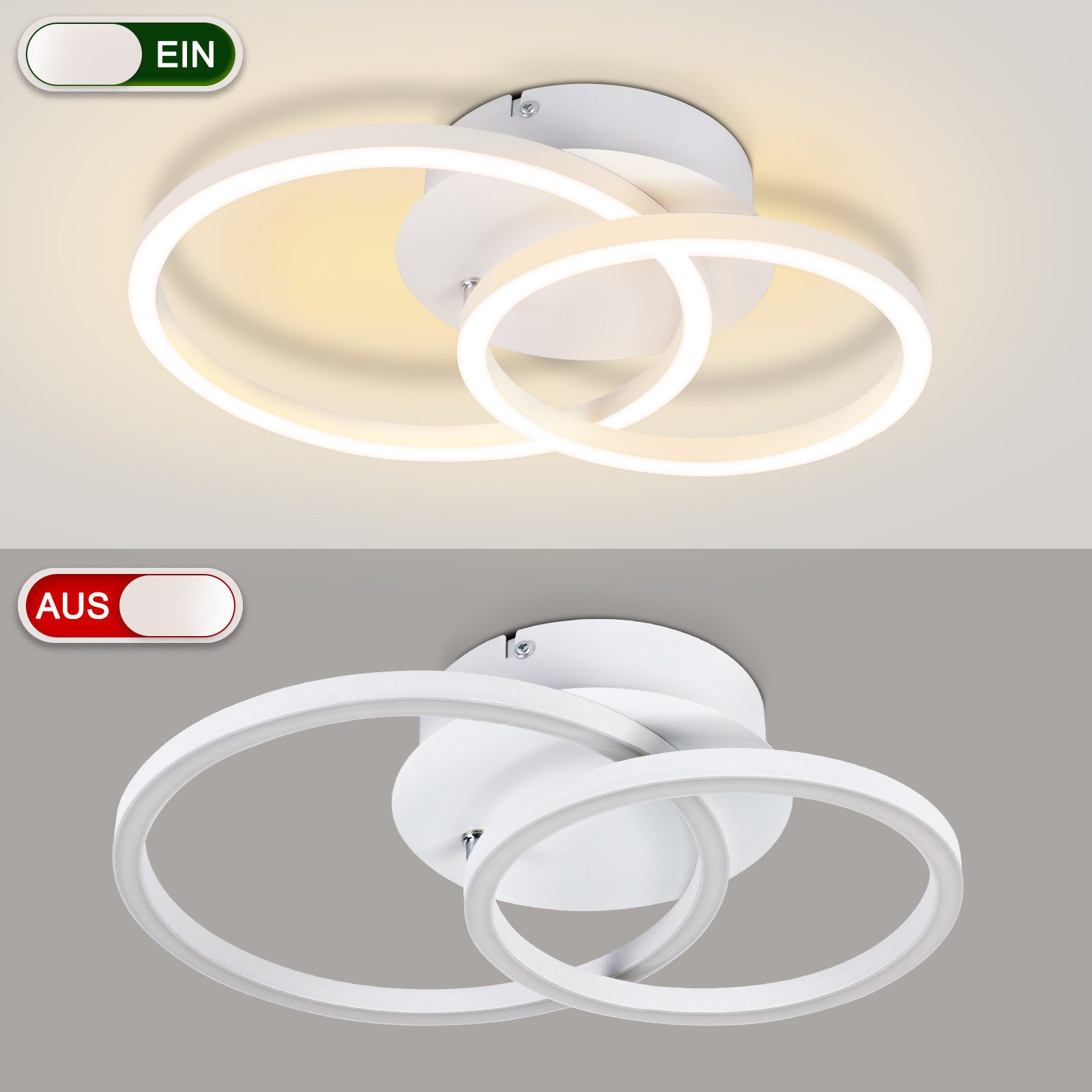 ZMH LED Deckenleuchte Wohnzimmer 2 Ringe Modern Runde Deckenlampe 24W 3000K Flur Hotel, Augenschutz, Einfache Installtion, LED fest integriert, Warmweiß, Schlafzimmerlampe Drehbar küchenlampe für Schlafzimmer Küche