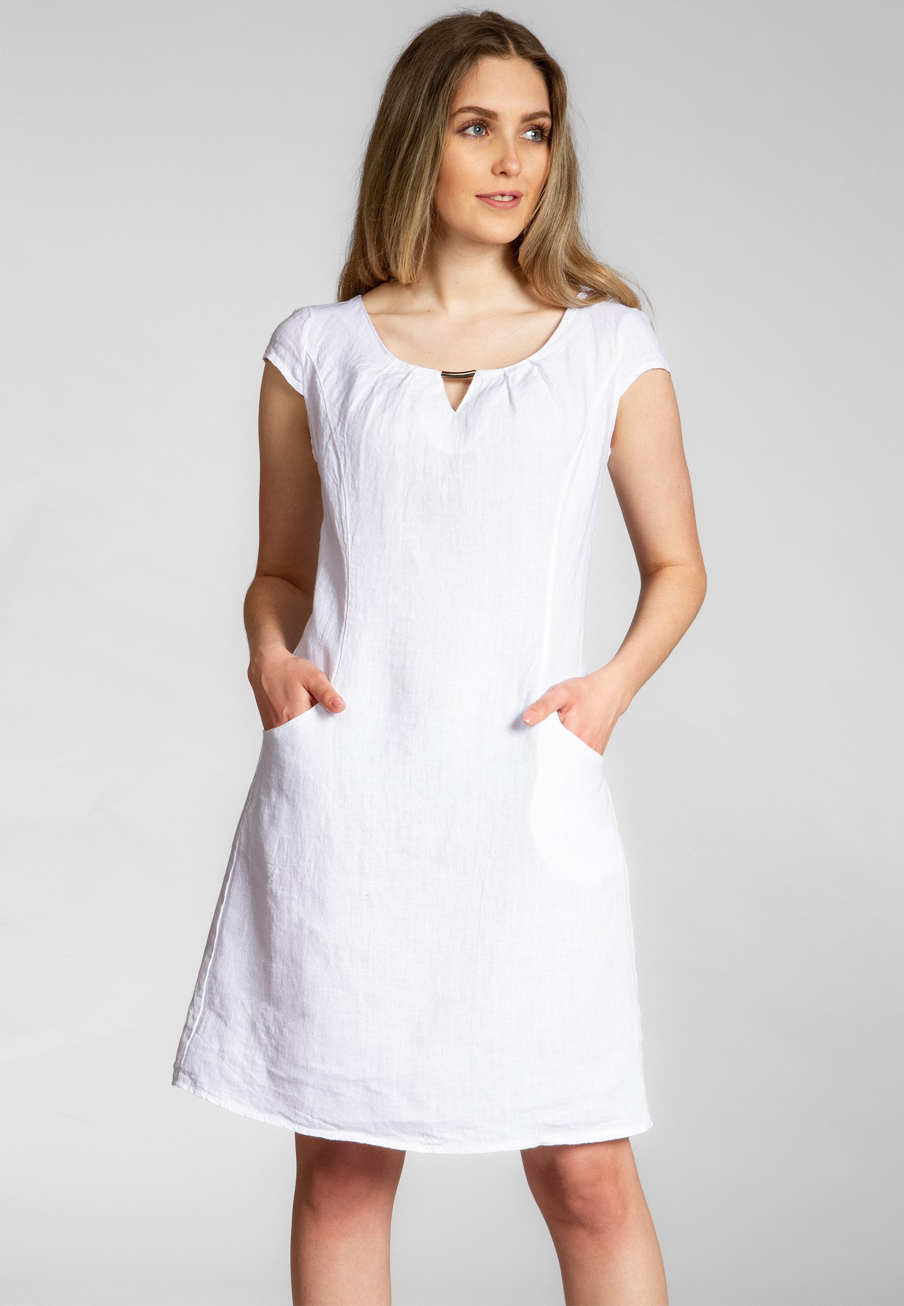Caspar Sommerkleid SKL020 knielanges Damen Sommer Leinenkleid mit eleganter Metallspange Luftig leicht, figurumspielende Form, mit seitlichem Jersey-Einsatz