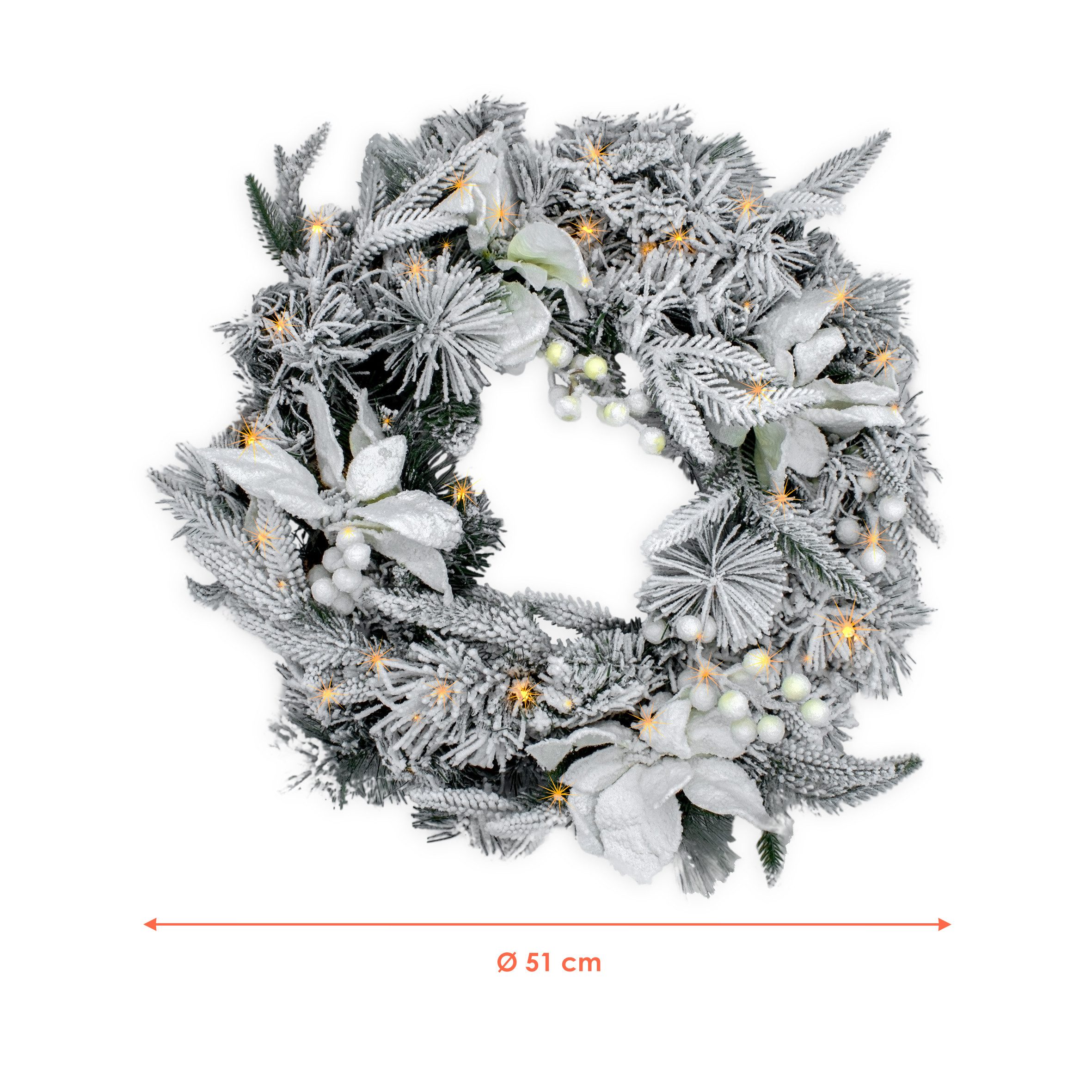 Spetebo Girlanden Weihnachtsgirlande oder -Kranz mit Schnee und weißen Blumen (1-tlg), mit Timer Funktion