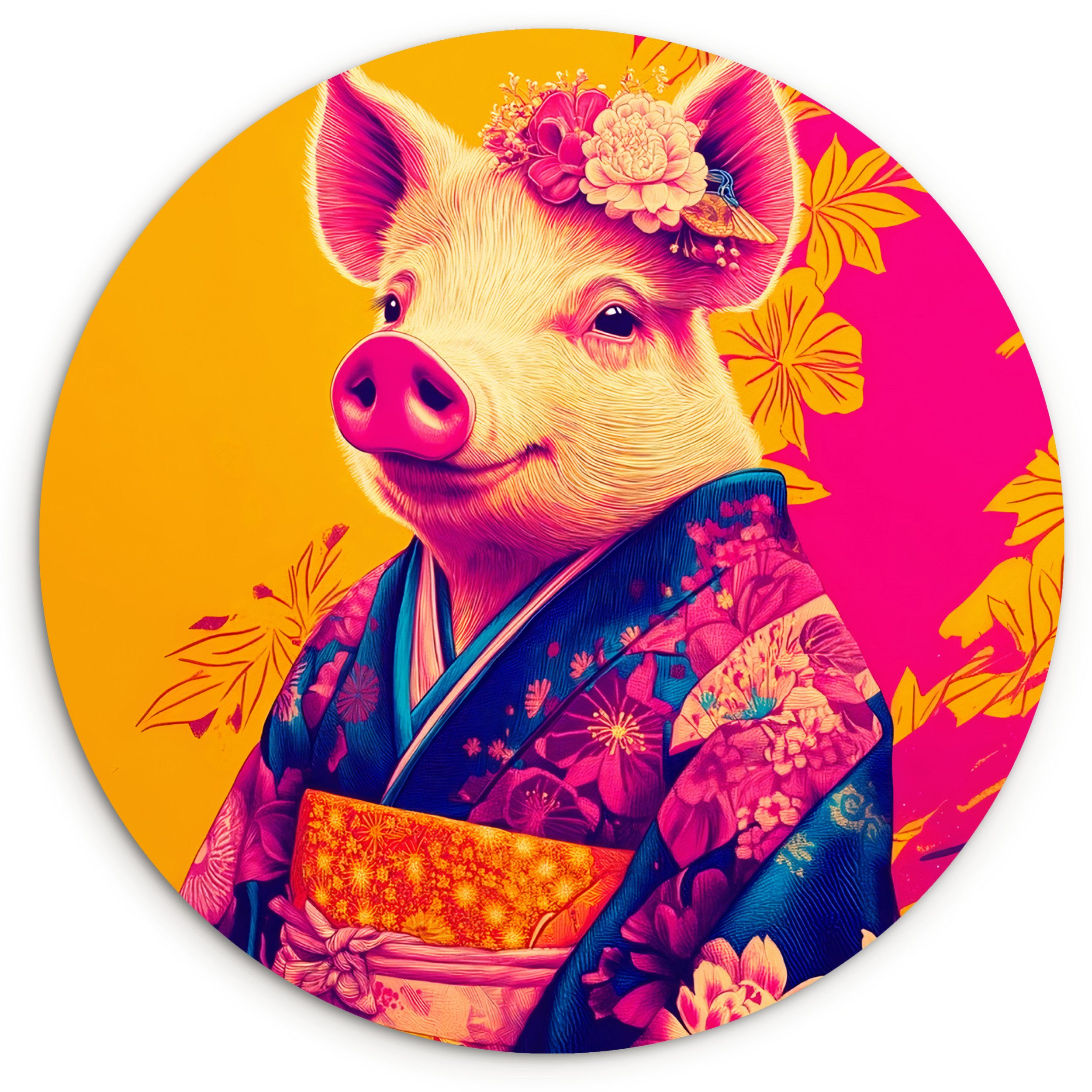 MuchoWow Gemälde Schwein - Blumenkrone - Kimono - Abstrakt, Fotodruck (1 St), Kreis Wanddekoration, Rundes Wandbild, 30x30 cm