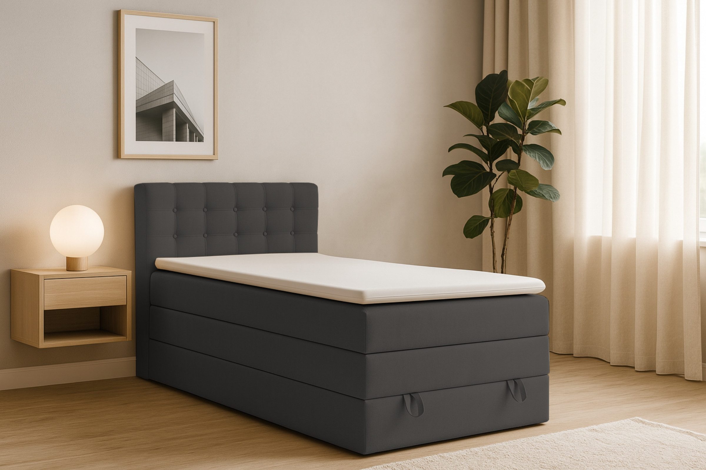 Deine Möbel 24 Boxspringbett JUNG 1 Polsterbett Komplettbett Hotelbett inkl. Topper (für Jugendliche Jugendbett Hellgrau Grau Anthrazit Schwarz Beige, 3-St., Bonellfederkernmatratze H3 Taschenfederkernmatratze H4), 90x200 100x200 120 cm Einzelbett Boxspring Hotelbett Veloursstoff