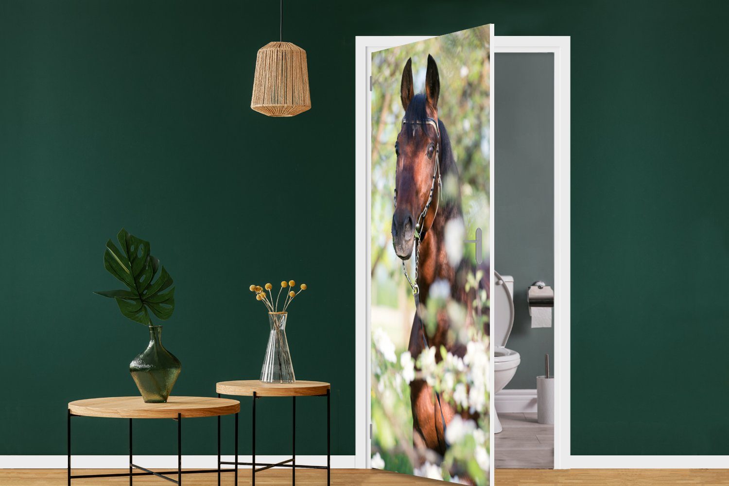 Türtapete Tür, Blüte für 75x205 - Türaufkleber, St), Tiere, bedruckt, Pferde (1 cm MuchoWow - Fototapete Matt, - Frühling