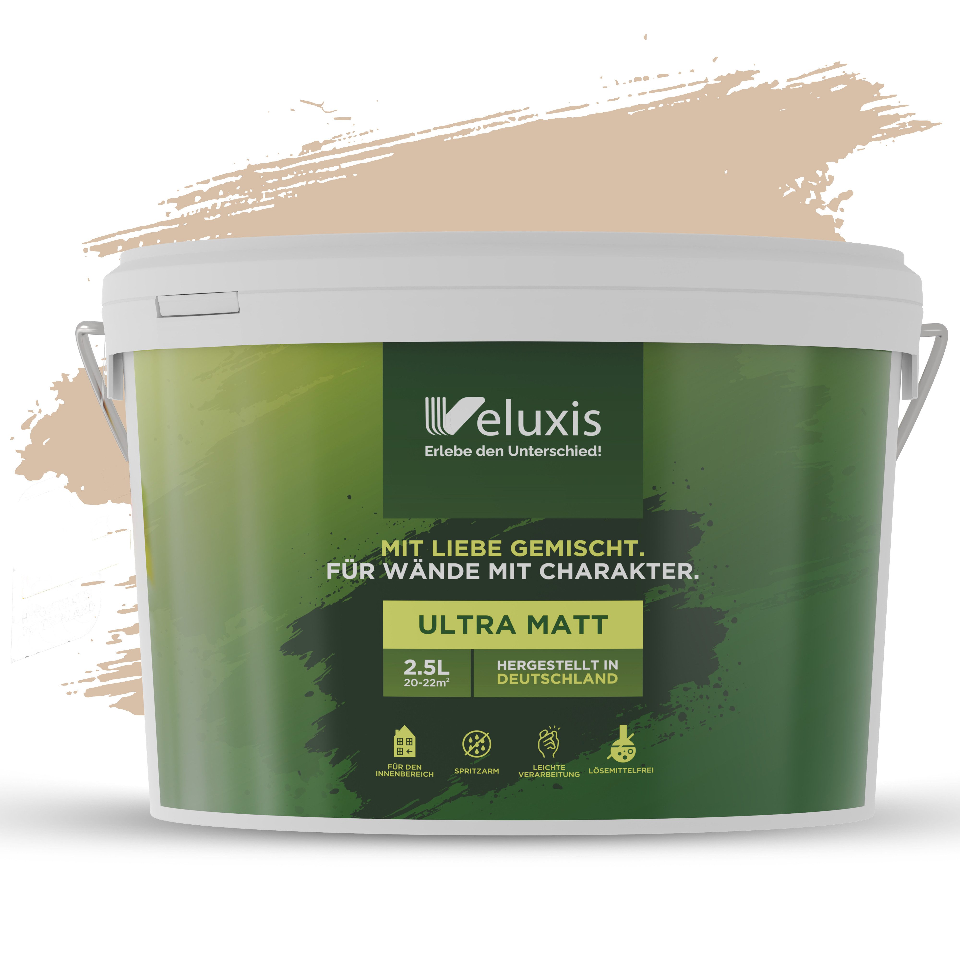 Veluxis Wandfarbe Veluxis® Wandfarbe Universal, Deckkraft-Klasse 1, Streifenfrei, tropfarm & VOC-frei