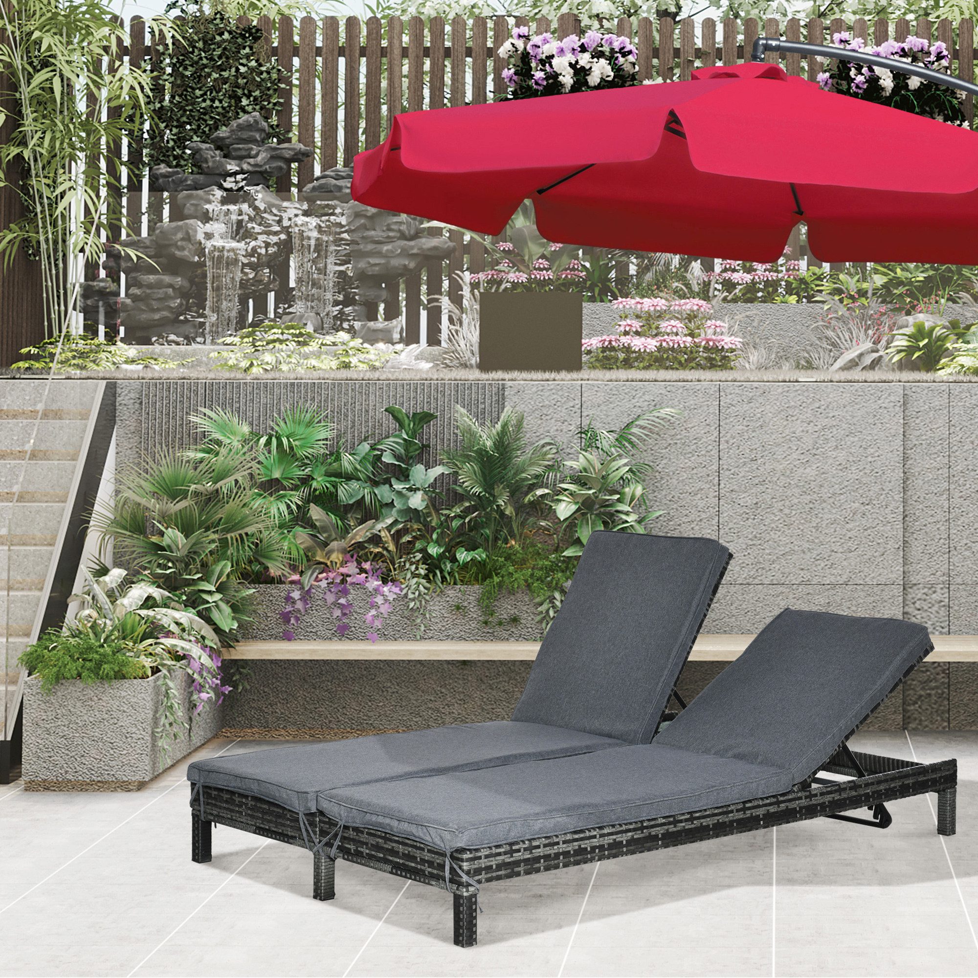 CHICFURN Gartenliege Polyrattan Sonnenliege für 2 Personen, Packung, 1 St., Relaxliege mit 5-stufiger Rückenlehne aus Metall und PE Rattan, Für Garten und Terrasse, 196 x 120 x 28 cm