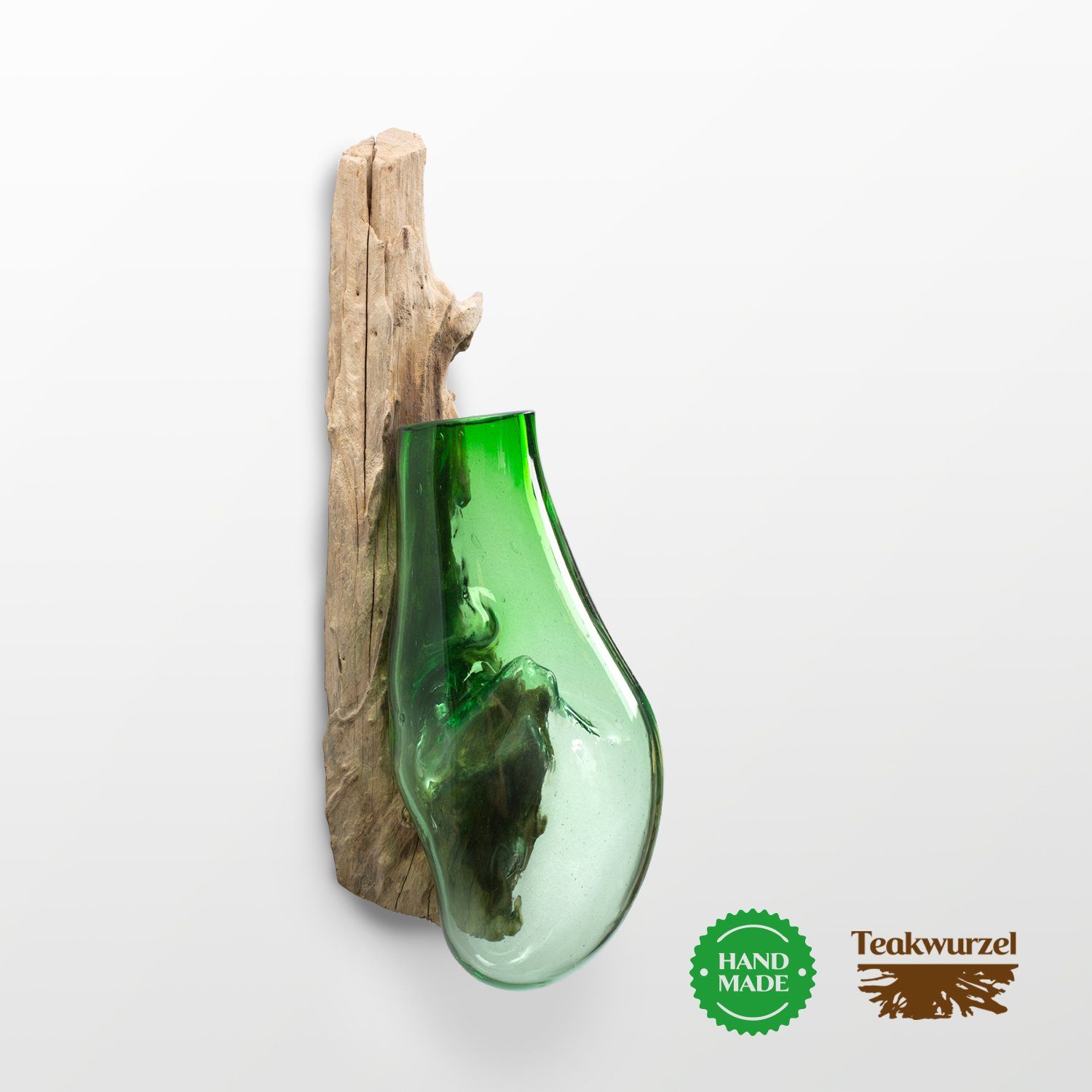 und Glas Geschenk auf Schmelzvase Grün Blumenvase Moderne Designer DULCIA, Holz Wandvase Rikmani Glas aus Kombination Dekovase Glas Teakholzwurzel Vase Deko aus aus Wanddekoration