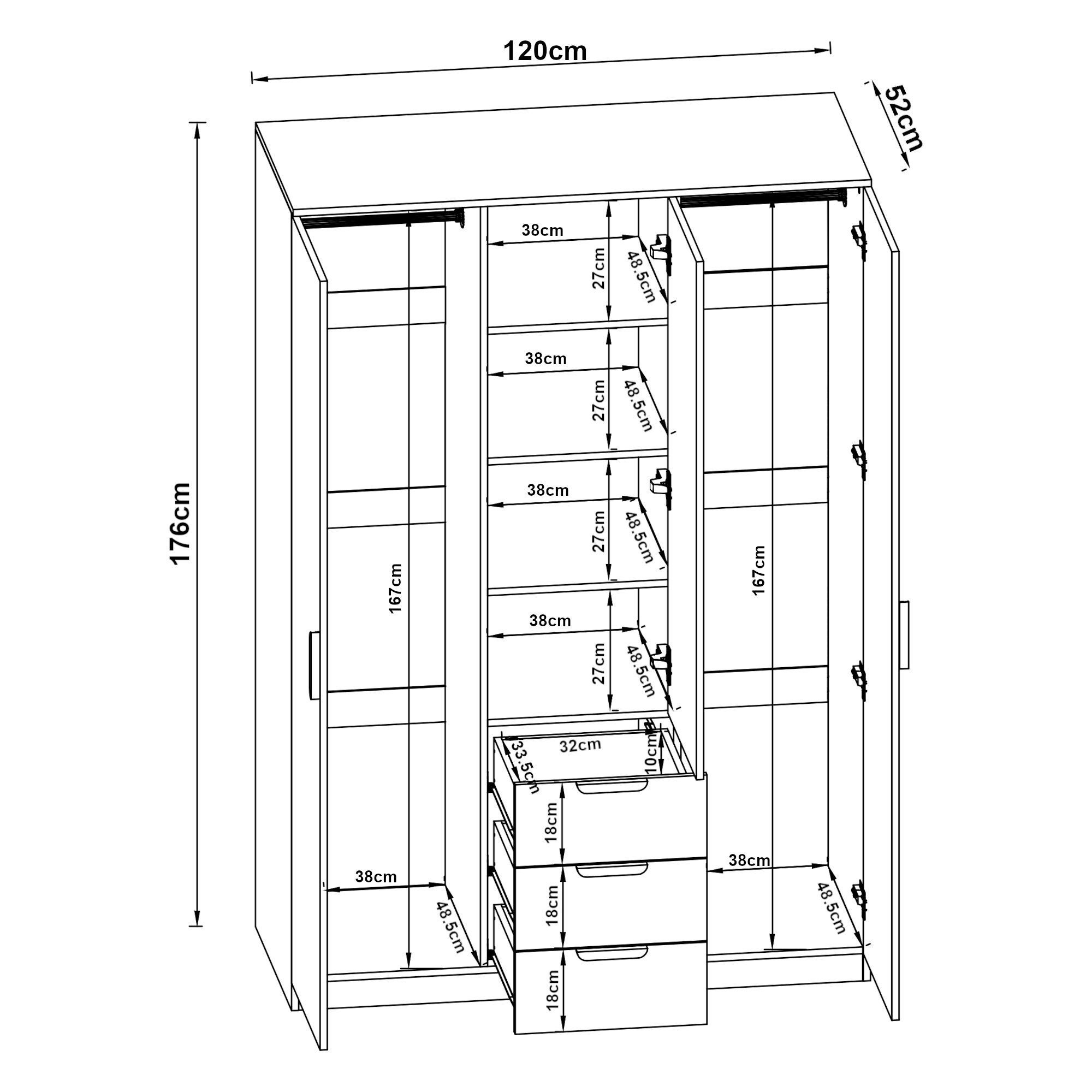 en.casa Kleiderschrank »Eiselfing« 3 Türen, 4 Fächer, 3 Schubladen 176x120x52 cm Eiche – Bild 5 von 5