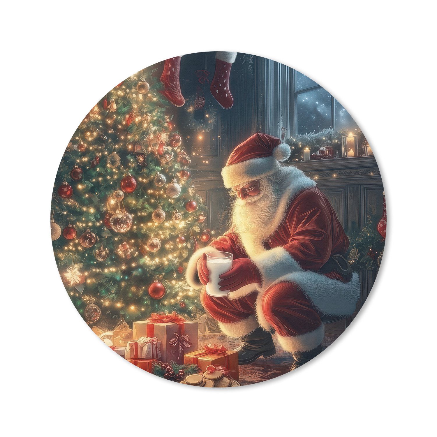 MuchoWow Mauspad Weihnachtsmann - Kamin - Dunkel (1-St), Mousepad mit Rutschfester Unterseite, Gaming, Rund, 40x40 cm