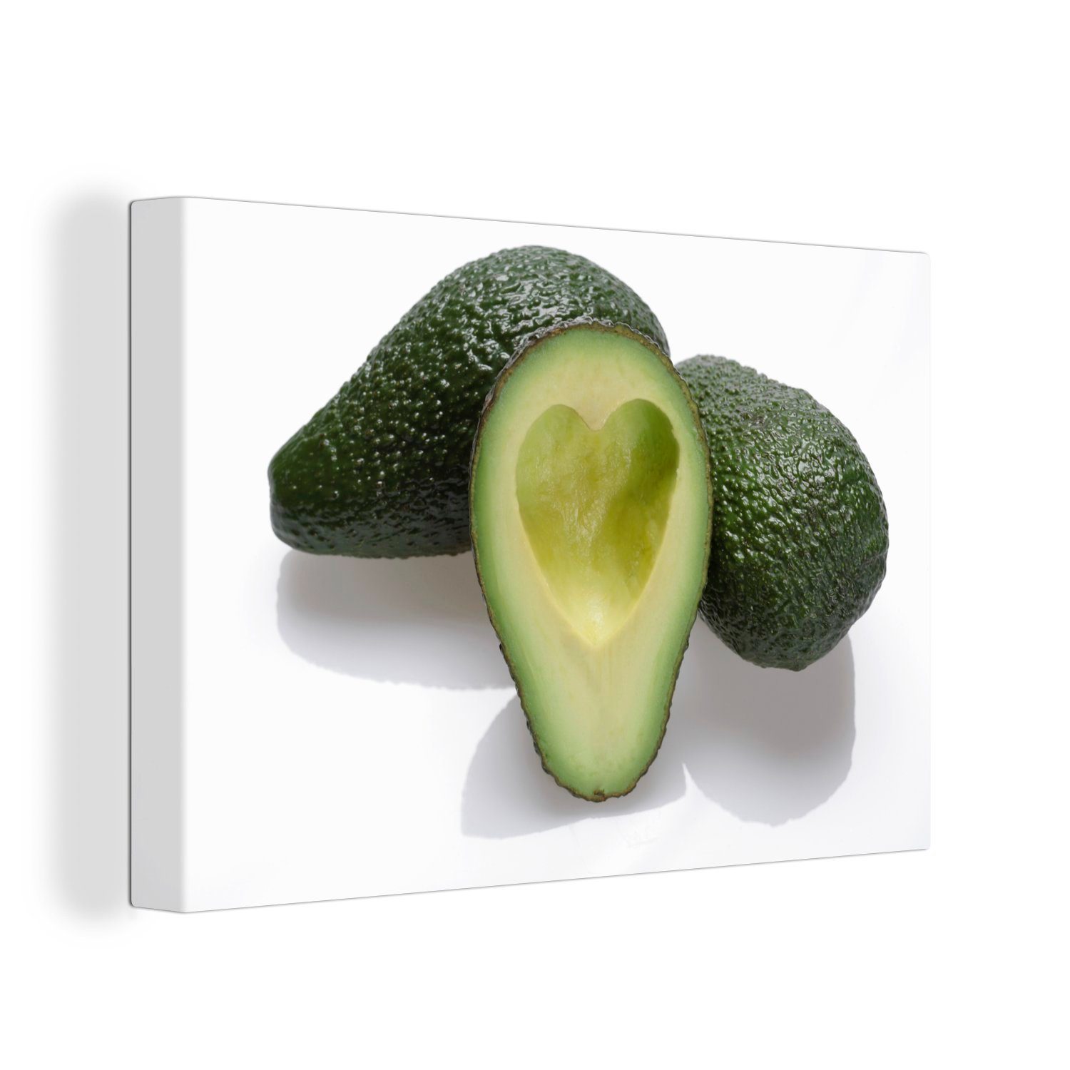 OneMillionCanvasses® Leinwandbild Herzförmig ausgehöhlte cm Avocado, 30x20 St), Wanddeko, Wandbild Aufhängefertig, Leinwandbilder, (1