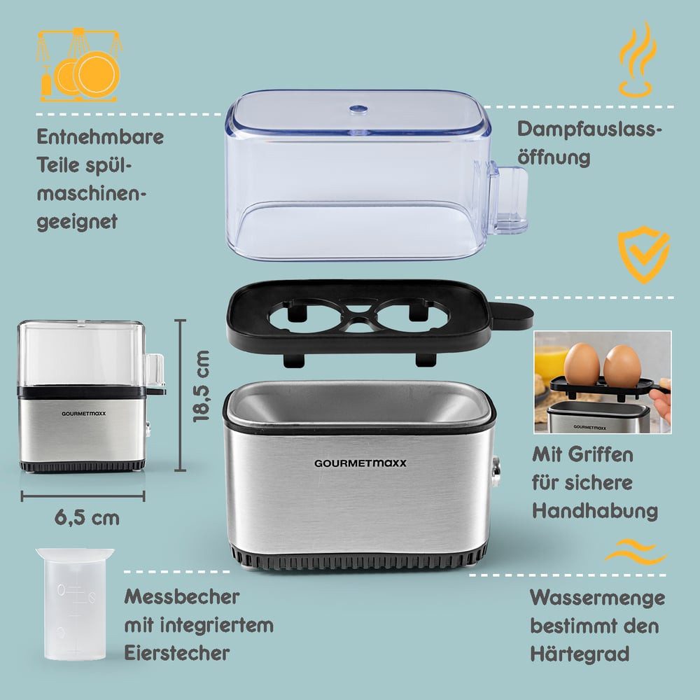 GOURMETmaxx Eierkocher kompakt für 2 Eier, 250 W, für perfekte Frühstückseier,  mit Messbecher & Ei-Pick