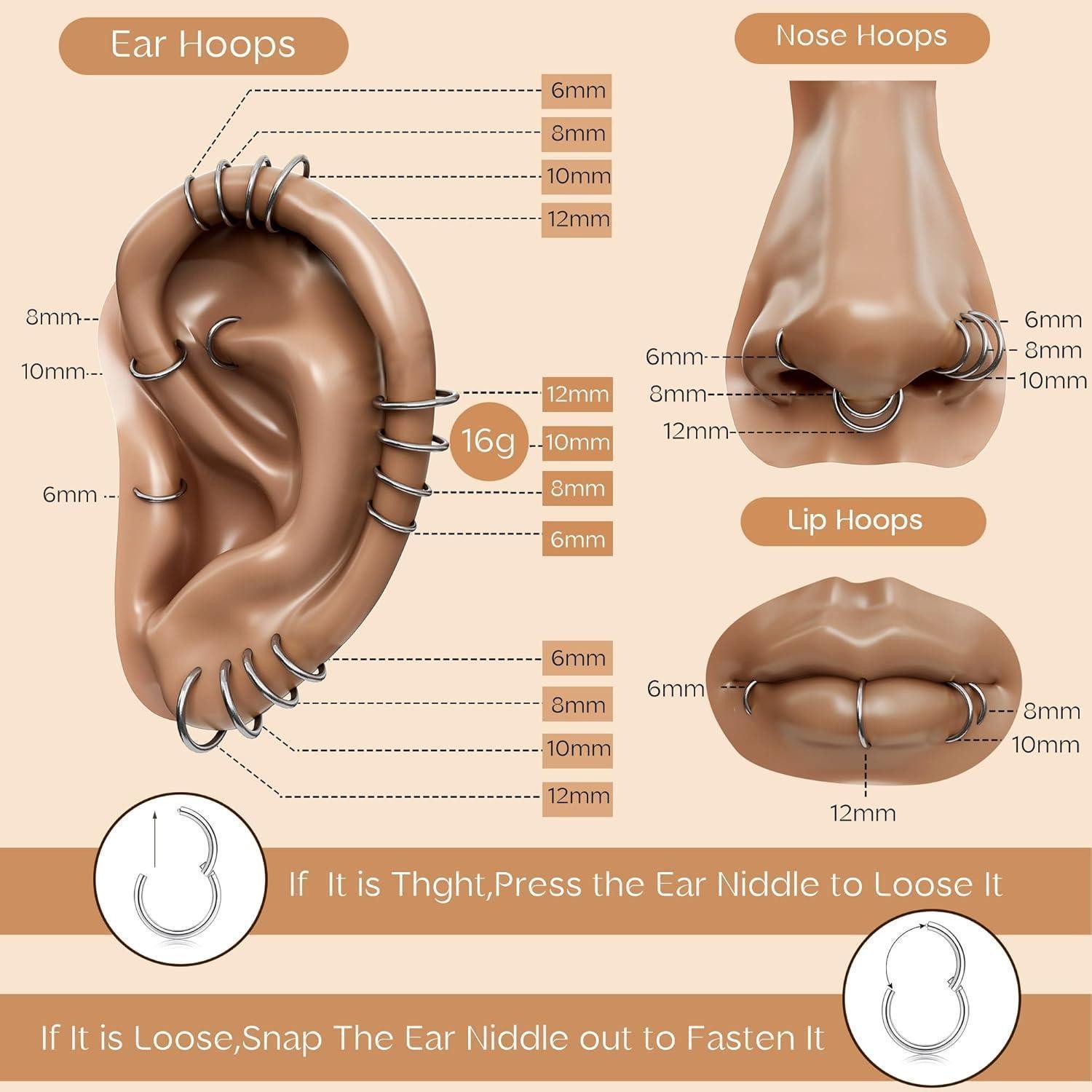 YADOCA Nasenpiercing-Set 12 Stück 316L Edelstahl Nasenpiercing Set Hypoallergen 16G Conch