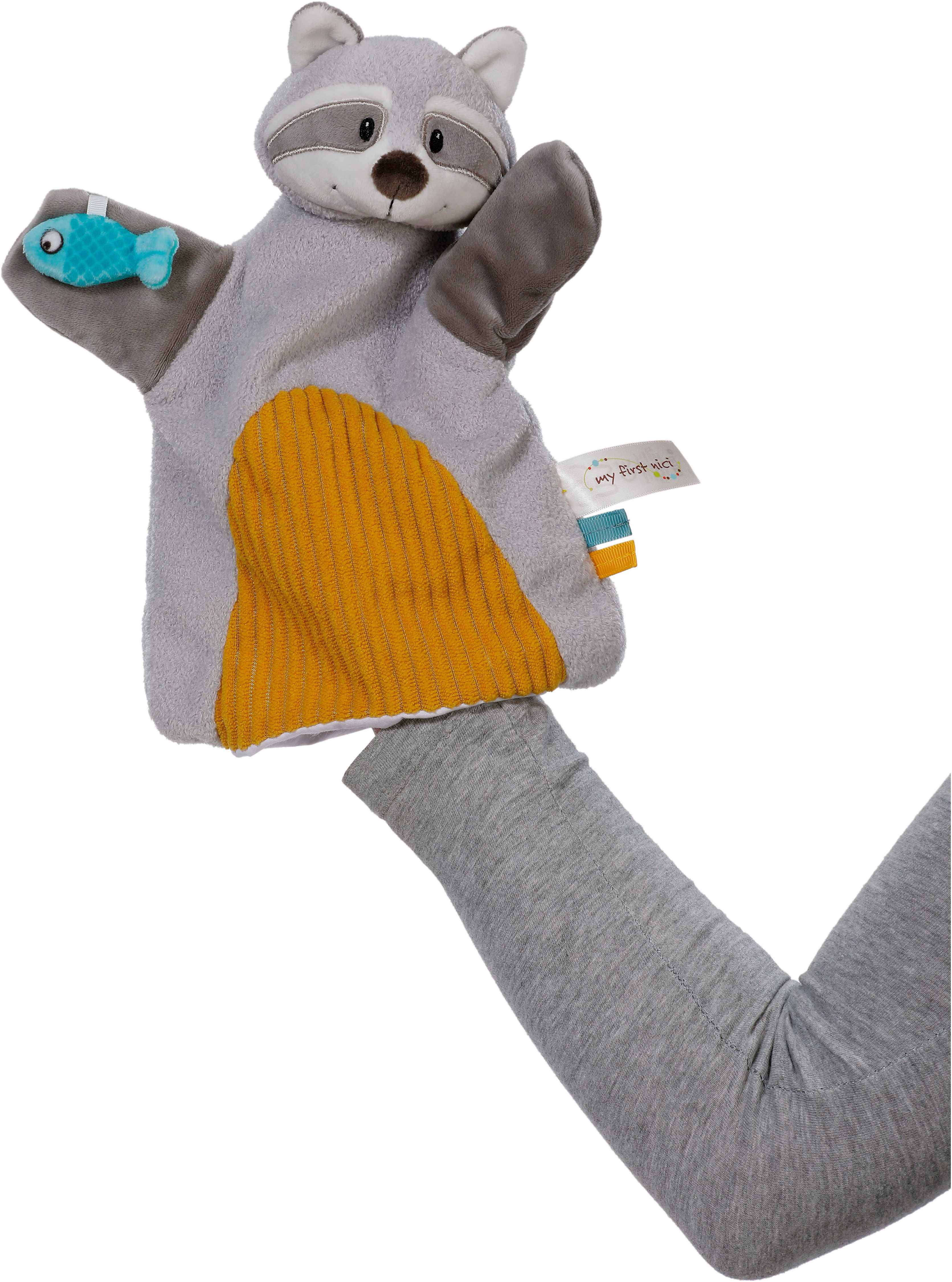 Nici Schmusetuch My first NICI, Handpuppe Waschbär 2in1 26x25 cm, sanfte Materialmix aus glattem und geripptem Plüsch