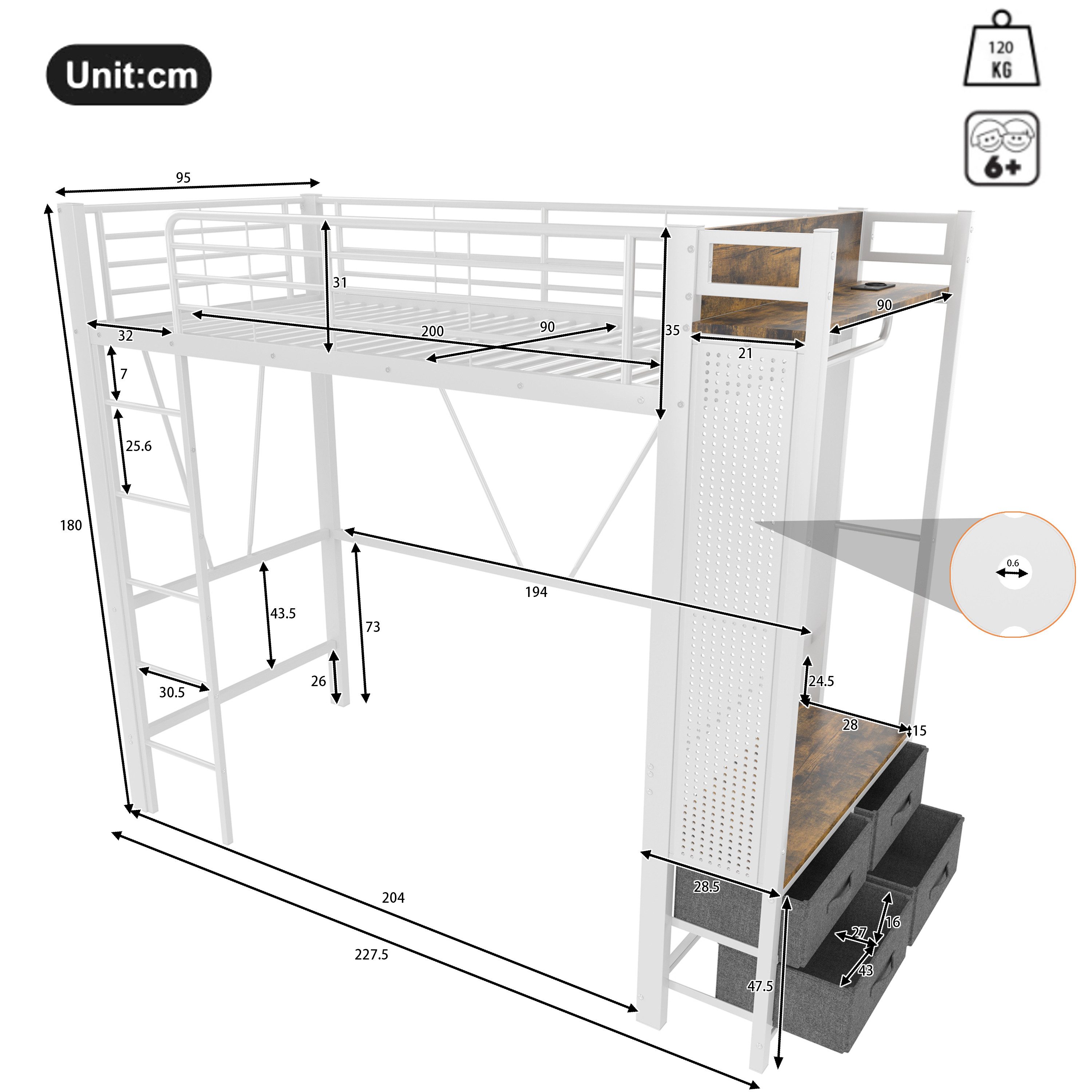 Ulife Hochbett mit Trockenstab, Einlegeböden, 4 Schubladen, USB+TYPE-C Stec günstig online kaufen