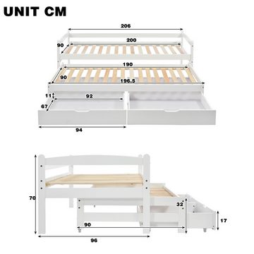 IDEASY Kinderbett Jugendbett, Twin mit Rollen und Stauraum, 200x90 cm/190x90 cm) (mit Seitengittern, mit stabilen Lattenrosten aus Holz), einfach zu montieren