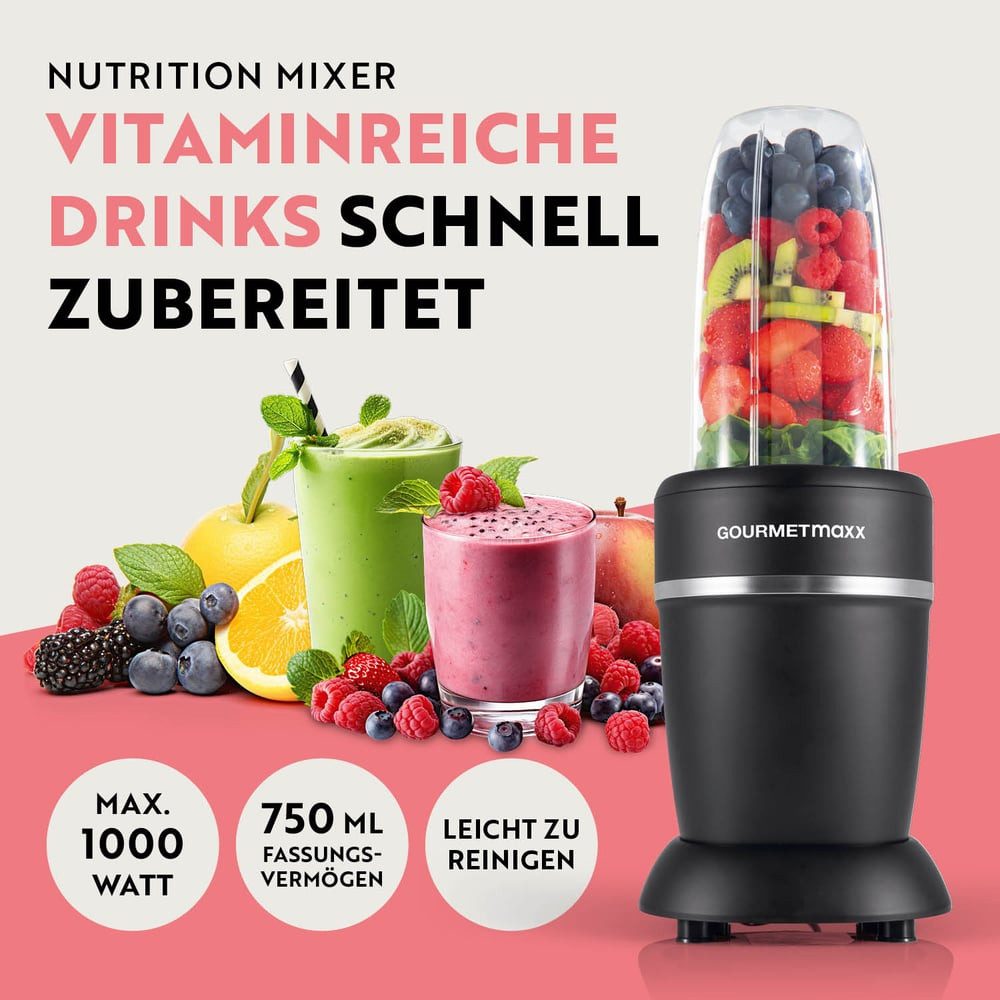 GOURMETmaxx Standmixer GOURMETmaxx Mixer & Smoothie Maker 4-tlg., 1000 W, Standmixer elektrisch für den Vitaminkick to go
