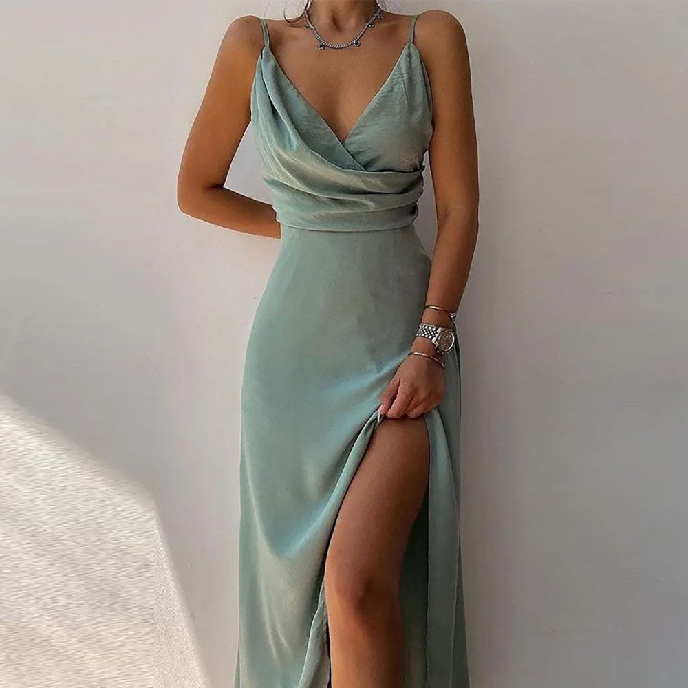 BlauWave Abendkleid V-Ausschnitt-Kleid- Strandkleid- Maxikleid (1-tlg) Kleid mit geteiltem Saum