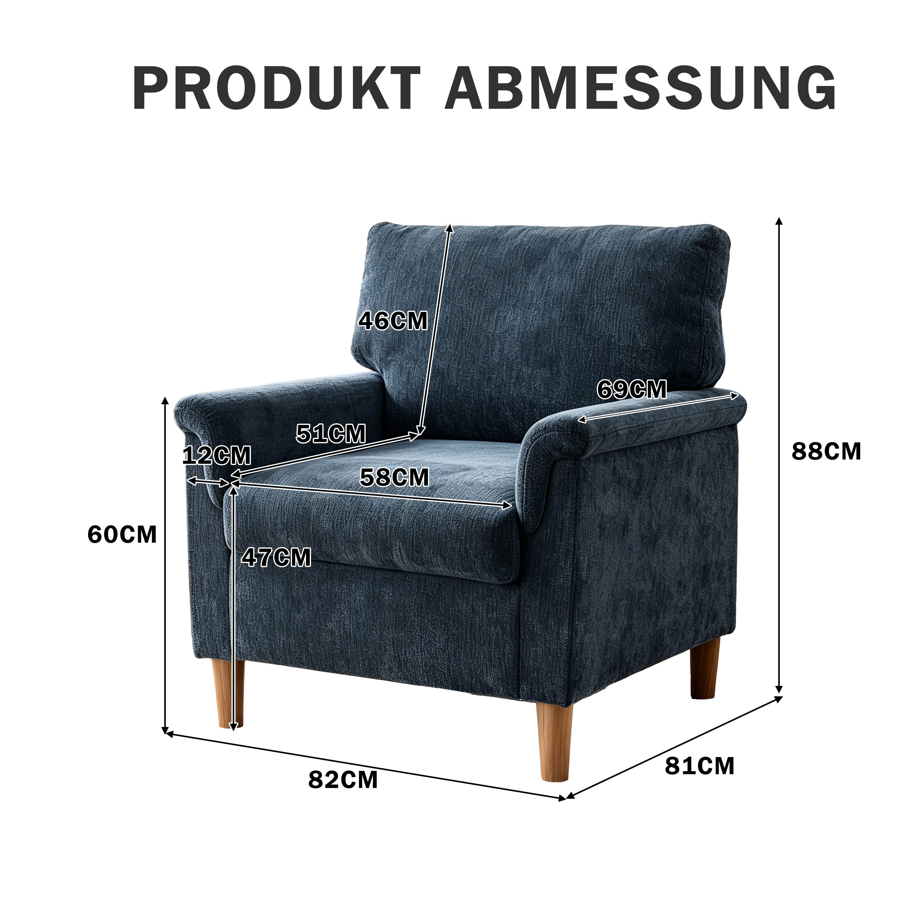 Vipbear Loungesessel Chenille-Sessel mit Massivholzrahmen, 150kg Belastbar (1-St), 82x81x88cm, blau – Bild 3 von 5