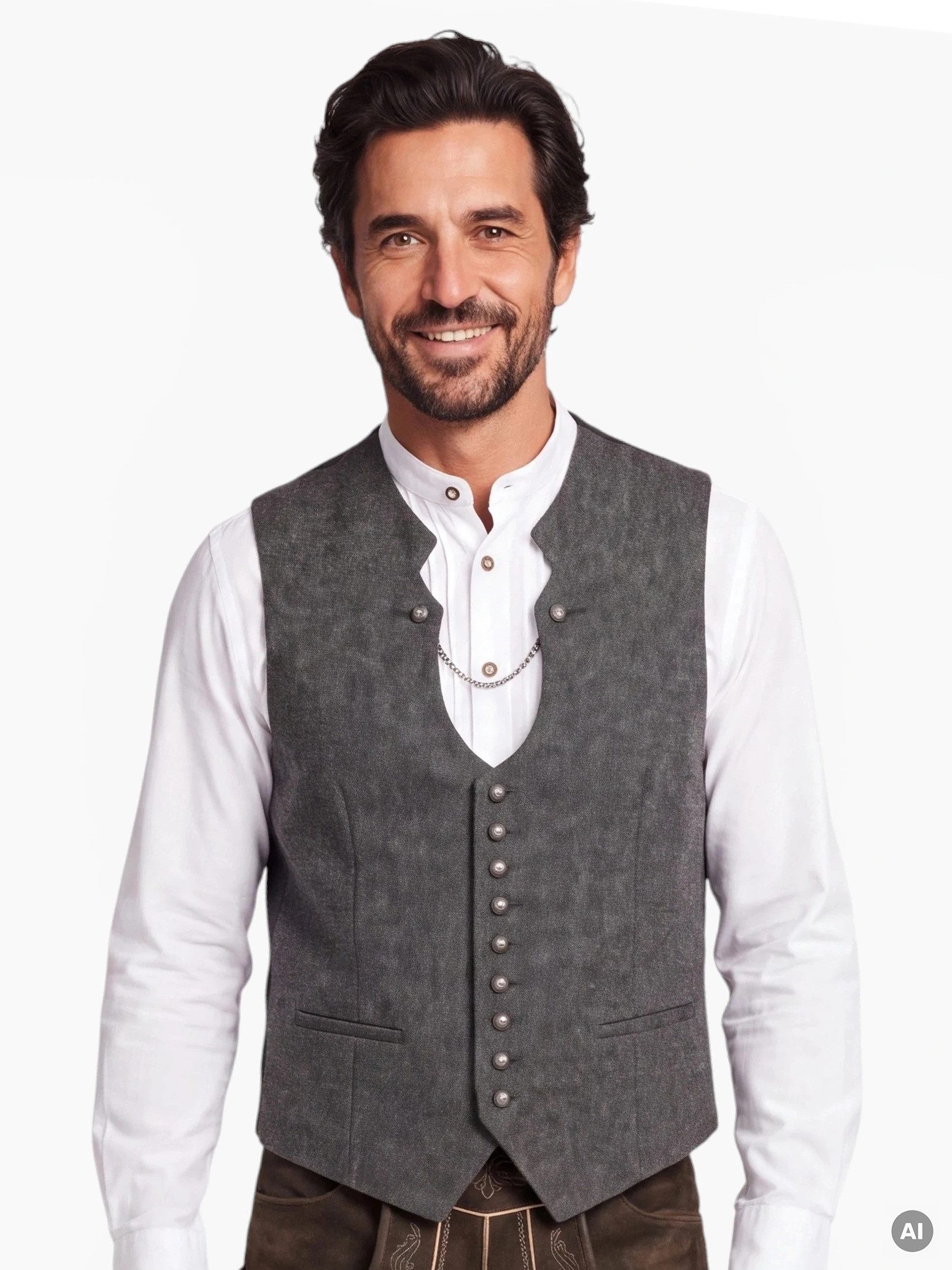 Moschen-Bayern Trachtenweste Arlo Miesbacher Ausschnitt, Trachtenkette, Metallknöpfe, 60 % Wolle