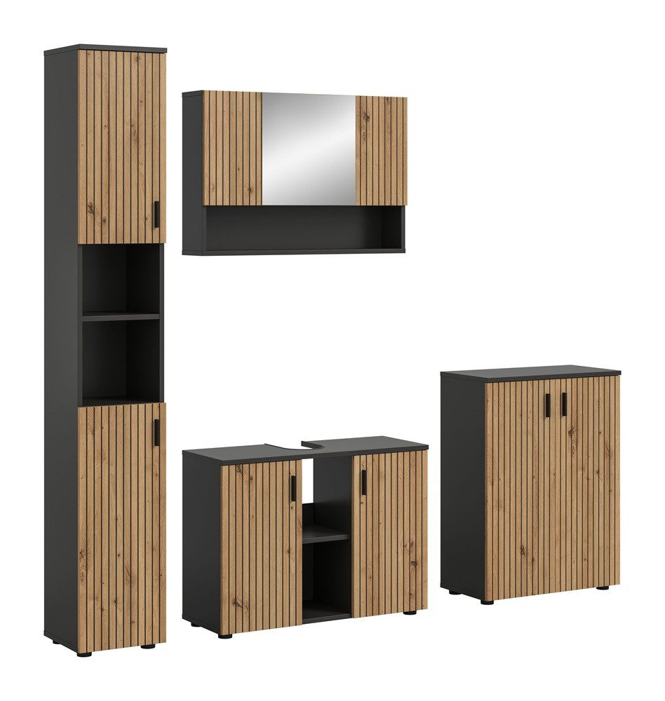Badmöbel-Set Badkombination Mone, 4-teilig, Basalt grau / Artisan Oak