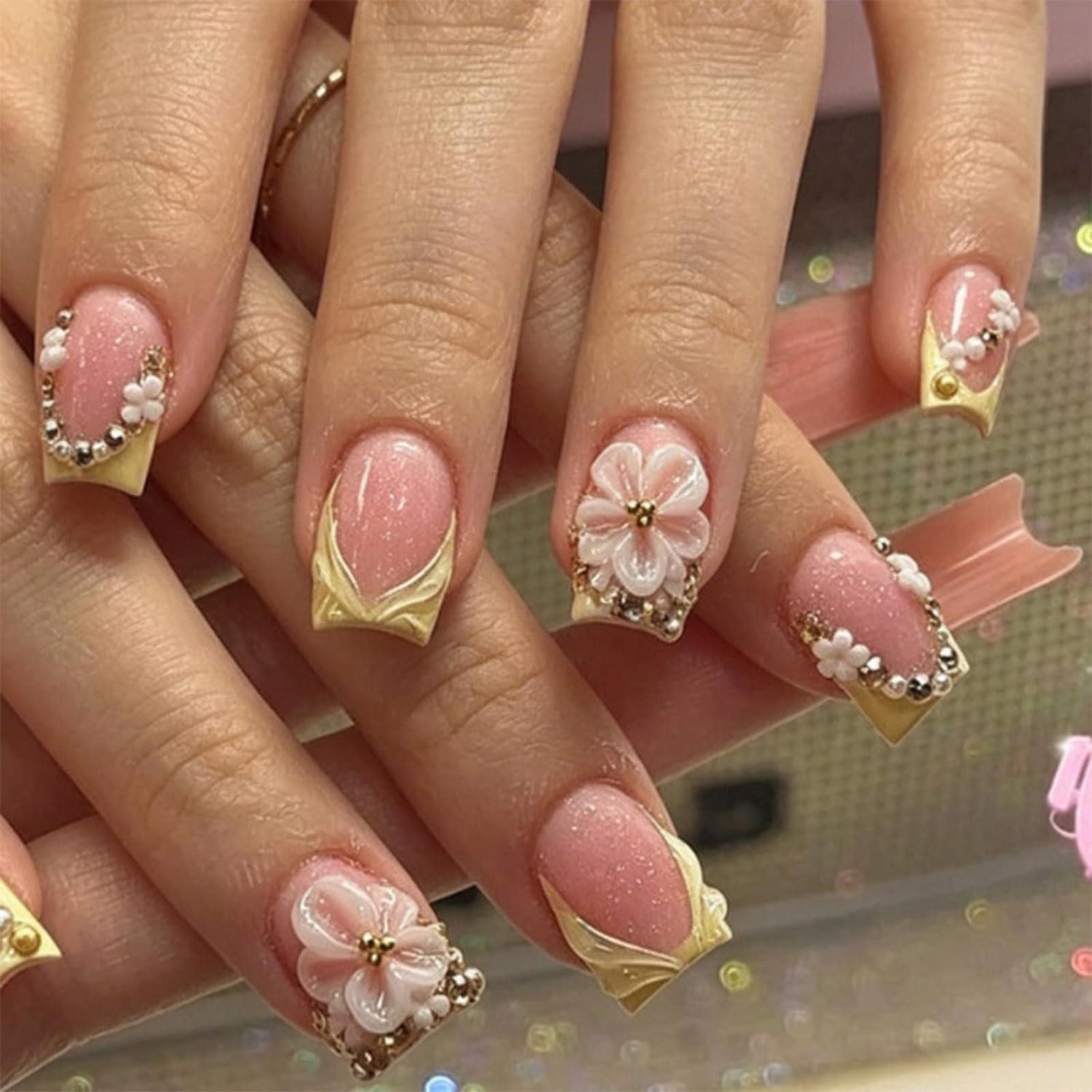 LuxusKollektion Kunstfingernägel Press on Nails Kurz Square Blumenmotiv Rosa/Gelb