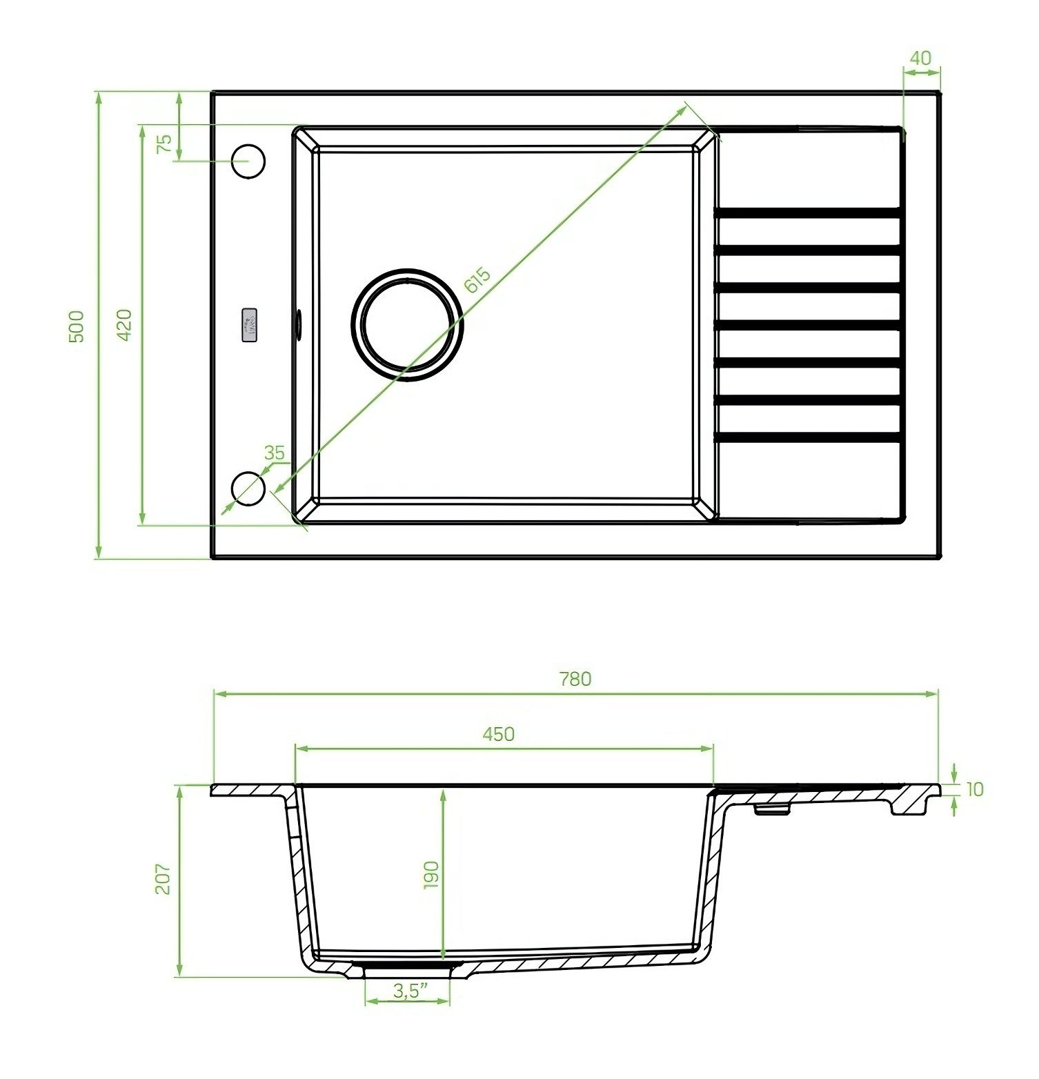 KOLMAN Küchenspüle Einzelbecken Pionier Granitspüle, Rechteckig, 50/78 cm, Beige, Space Saving Siphon GRATIS