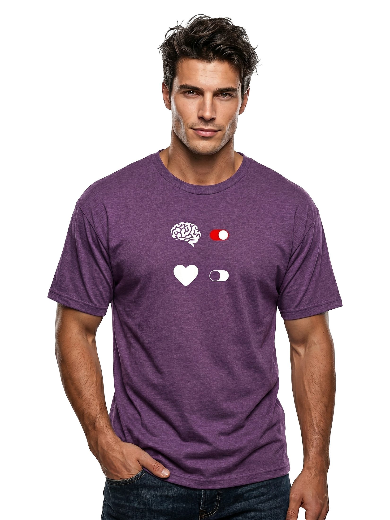 MAKAYA T-Shirt Lustiges Printshirt für Männer – Brain On Heart Off Motiv (Schwarz, Blau, Grün, Grau, Lila, S, M, L, XL, XXL, XXXL, XXXXL, XXXXXL) Baumwolle