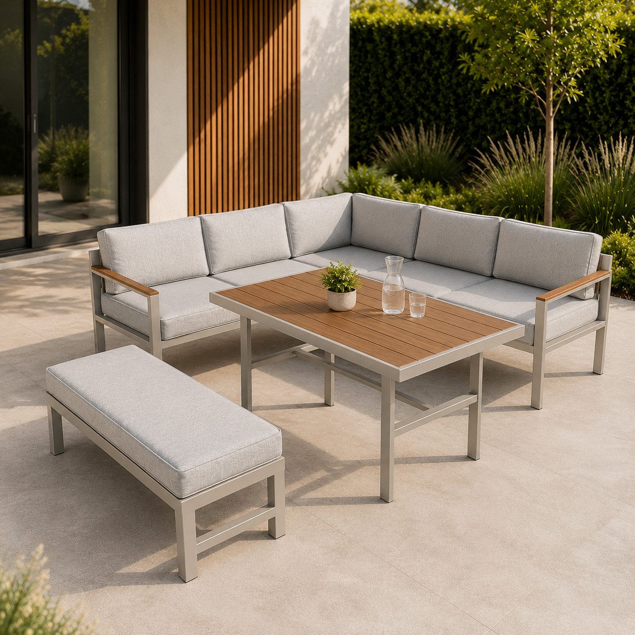 Greemotion Gartenlounge-Set Miami Stahl grau mit Esstisch Bank, (5-tlg), inkl. Kissen