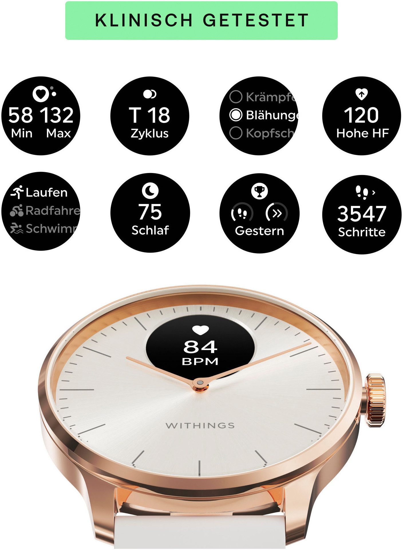 Withings ScanWatch Light 37mm RoseGold, Akku bis 35 Tage, 50 M Wasserdicht Smartwatch (0,63 Zoll), Leicht, elegant, langlebig, hybride, für tägliches Gesundheitstracking