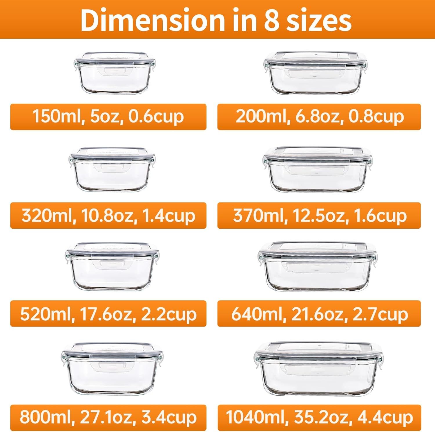 Refined Living Frischhaltedose 8er Glas Frischhaltedosen mit Deckel,Meal Prep Boxen,Lunchbox,BPA-frei, Borosilikatglas + BPA-freie Kunststoffdeckel mit Silikonring, (8 Größen im Set, Grau, Glasbehälter mit Deckel, Vorratsdosen Glas, Lunchbox Glas, Glas Aufbewahrungsdosen, Mikrowellengeeignete Glasbehälter, Meal Prep Boxen für Lebensmittel, für Büro, Schule, Picknick & Reste, Hochwertiges Borosilikatglas, luftdicht, 8-tlg., auslaufsicher,stapelbar,Mikrowellengeeignet,Ofen- & Gefrierschrankfest), für Meal Prep,Lunch to go, Resteverwertung, Babynahrung,Suppen & mehr.