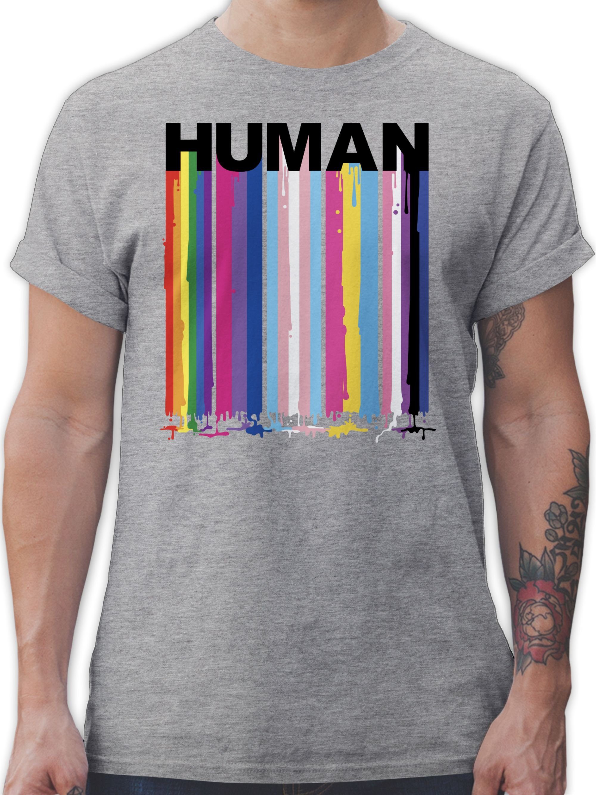 Shirtracer T-Shirt HUMAN Blockschrift Regenbogen Farben Tropfen LGBT Kleidung 3 Grau meliert