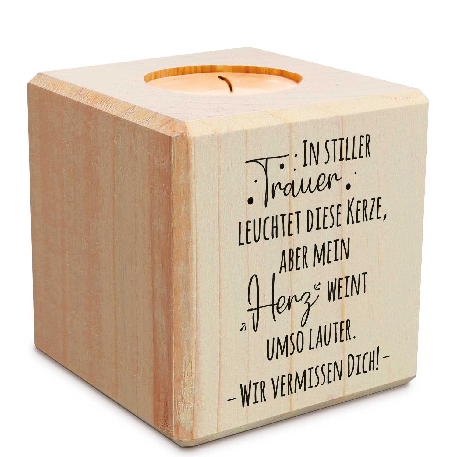 GRAVURZEILE Teelichthalter mit Gravur aus Holz - Grabschmuck - Trauergeschenk - Trauerlicht, - In Stiller Trauer