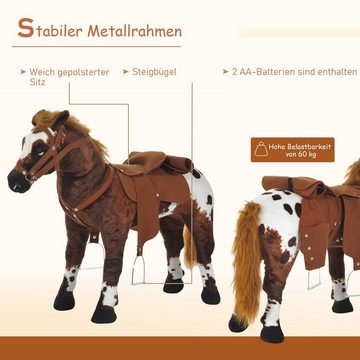 HOMCOM Stehtier Spielpferd Kinder Reitpferd mit Pferd Sound, Metall Braun+Weiß, 85L x 28B x 60H cm