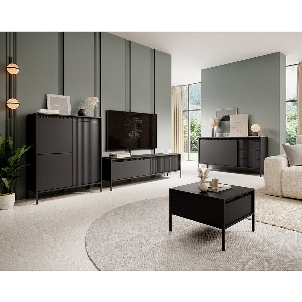 Lomadox Wohnzimmer-Set STERZING-167, (Mega-Spar-Set, 4-St., Kommoden TV-Lowboard Couchtisch), schwarz, Rillenfront, grifflos mit push-to-open