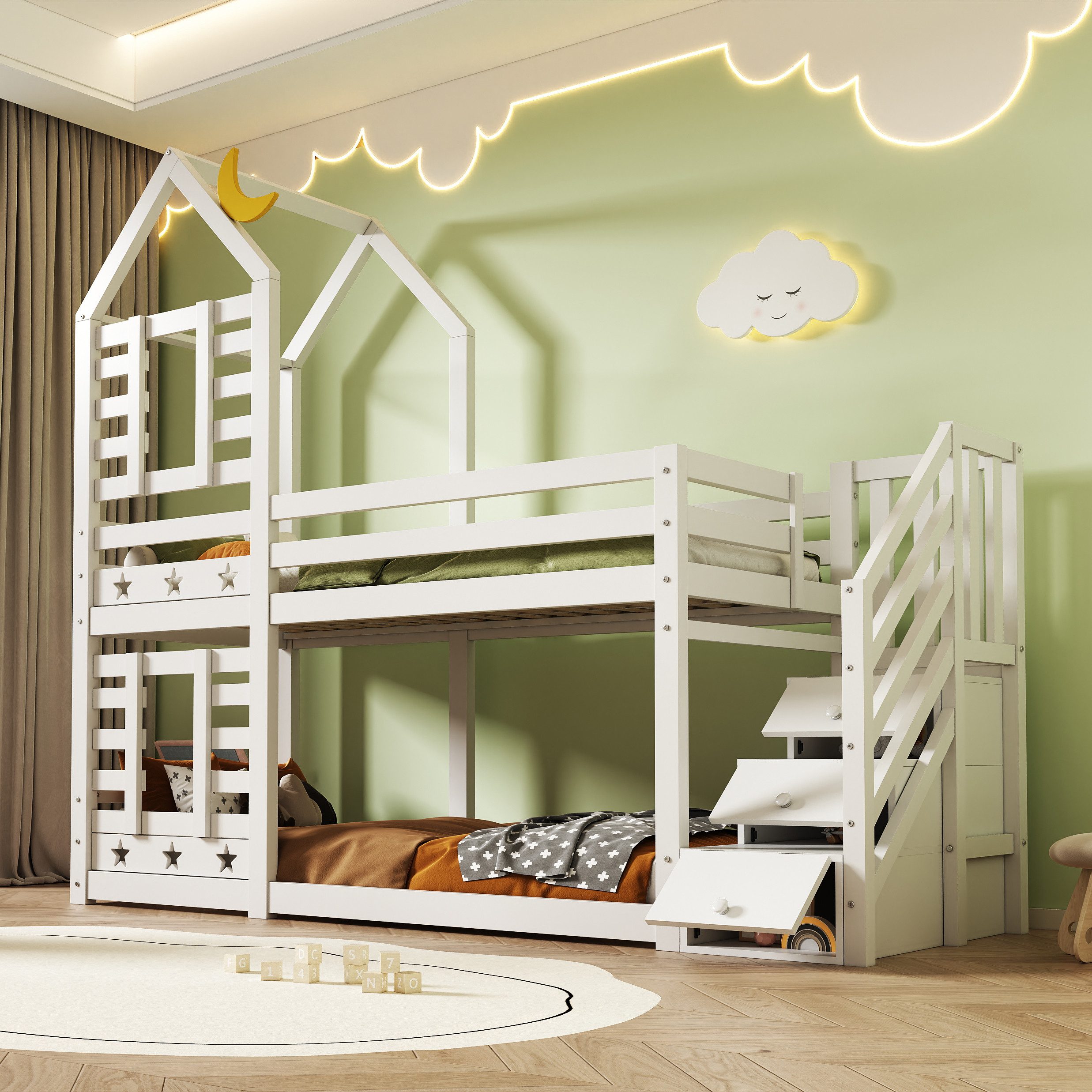 Flieks Etagenbett, Kinderbett Hausbett mit Stauraum unter der Treppe 90x200cm