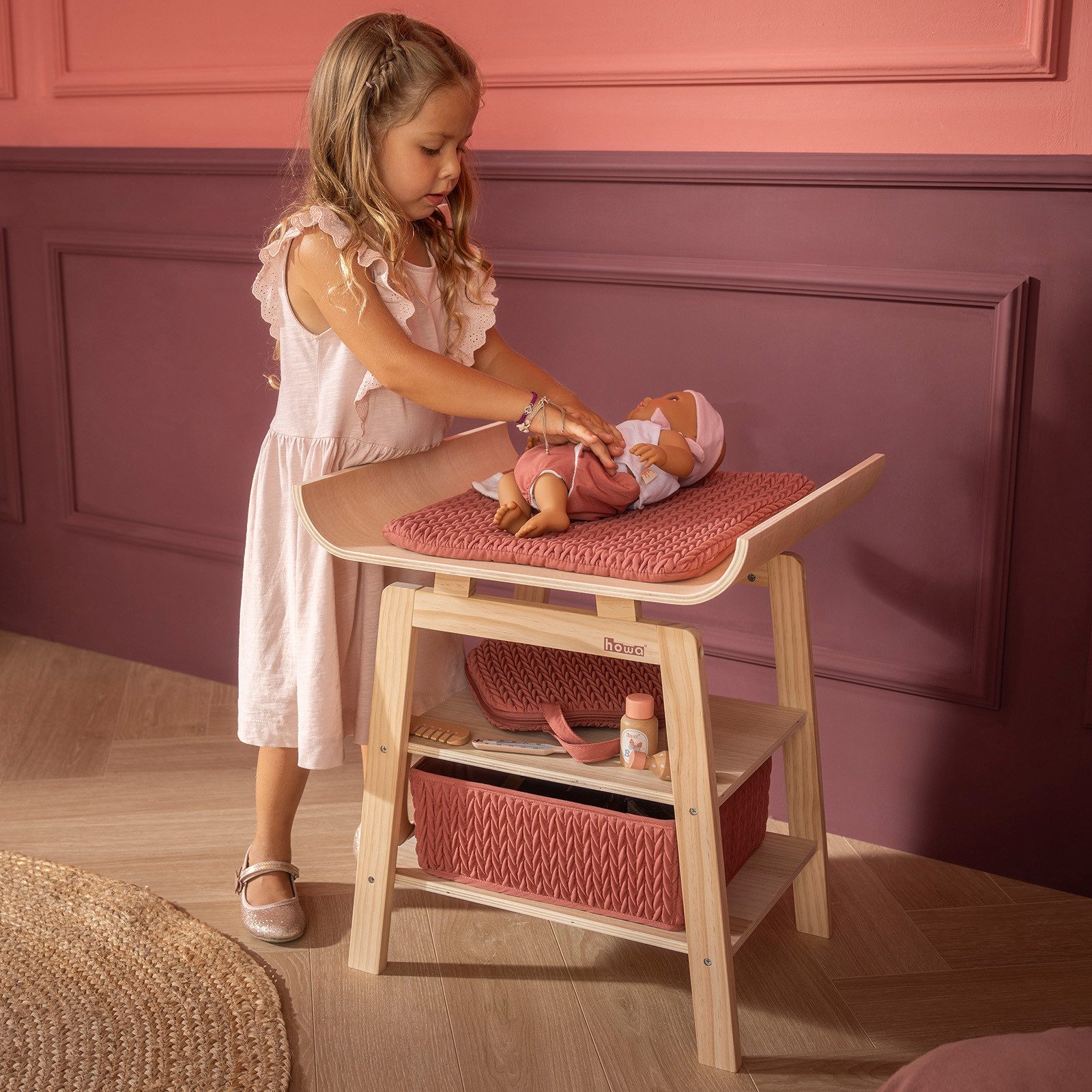 howa Puppenwickeltisch grace, aus Holz, Wickeltisch für Puppen mit Aufbewahrungskorb & Wickelauflage