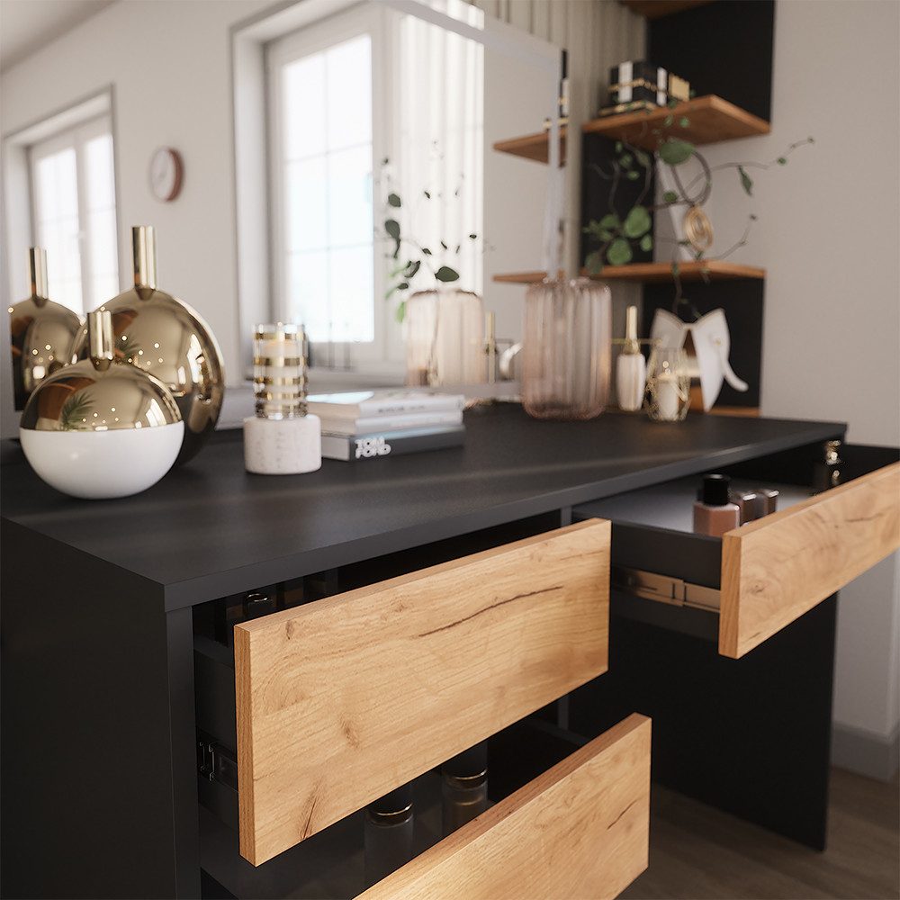 Vicco Schminktisch Sherry, Anthrazit/Goldkraft Eiche, 120 x 75 cm mit LED-Spiegel