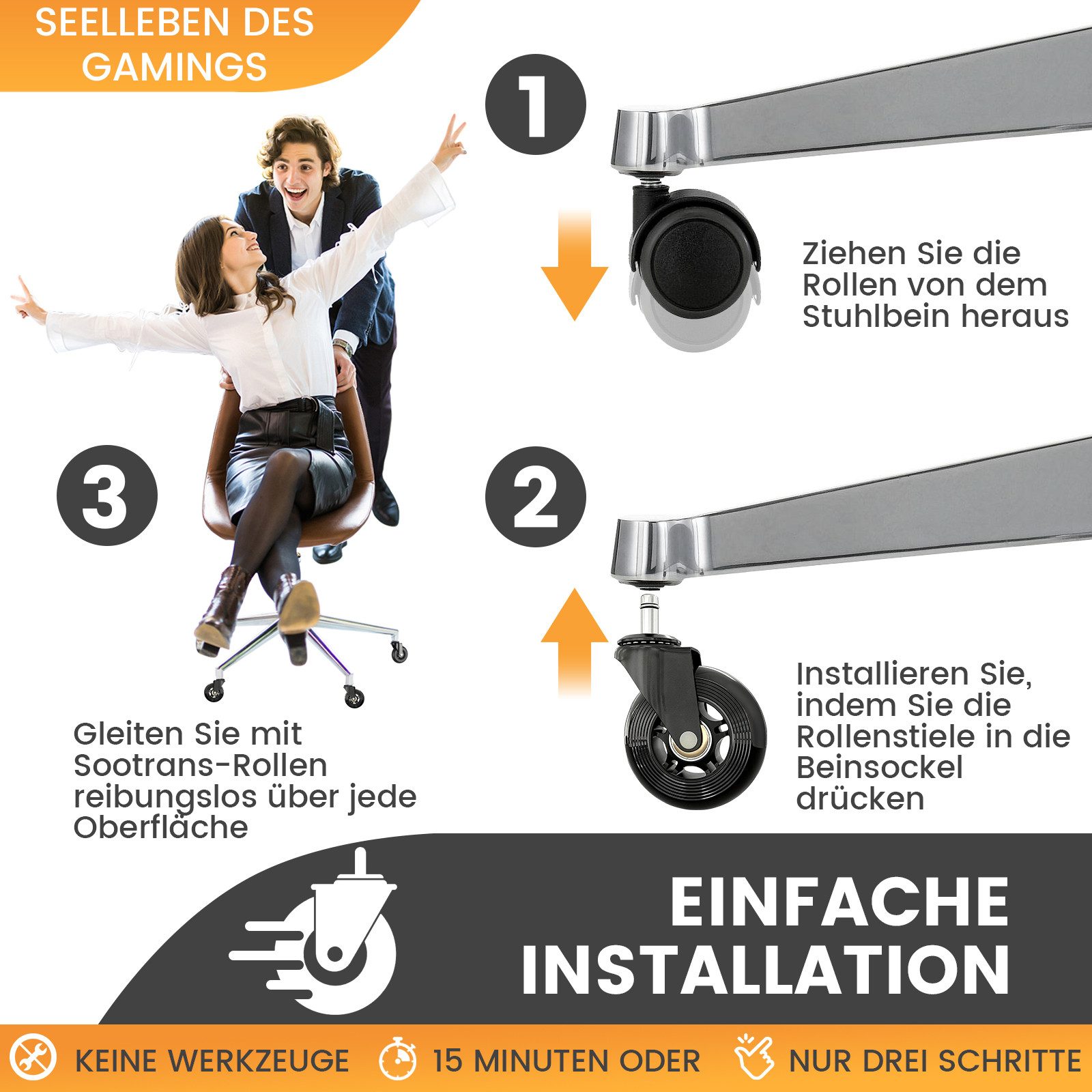 Ferghana Stuhlrolle Bürostuhl Rollen,11mm x 22mm Rollen für Bürostühle, (Set, 5er Set), 5er Set Universal Hartbodenrollen für Bürostuhl Stuhlrollen – Bild 4 von 5