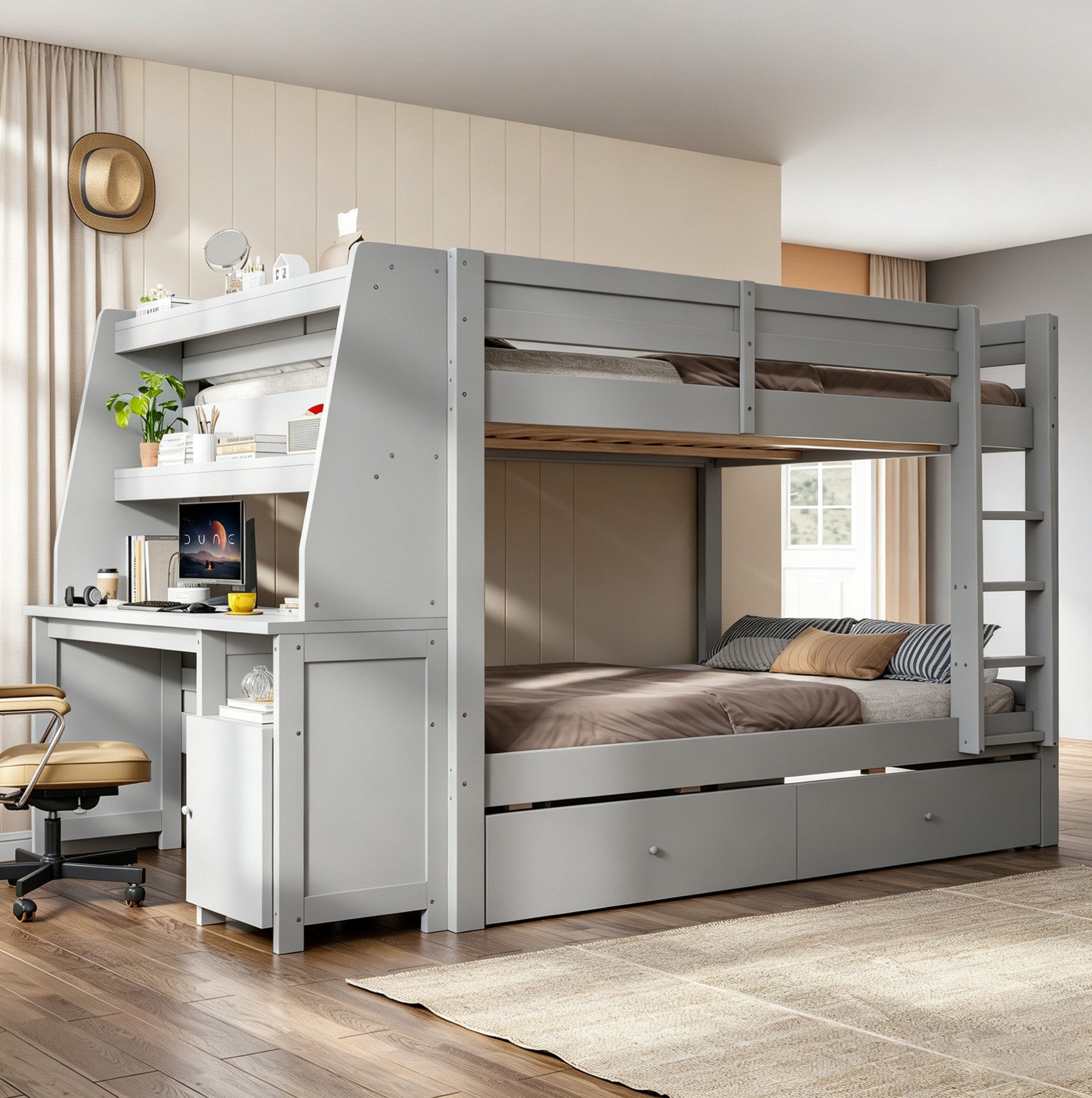 MODFU Etagenbett Kinderbett mit seitlichem Stauraumschrank links oder rechts montierbar (140x200cm, inklusive Schreibtisch, Schubladen und Ablagebereich, Funktionsbett Jugendbett), ohne Matratze