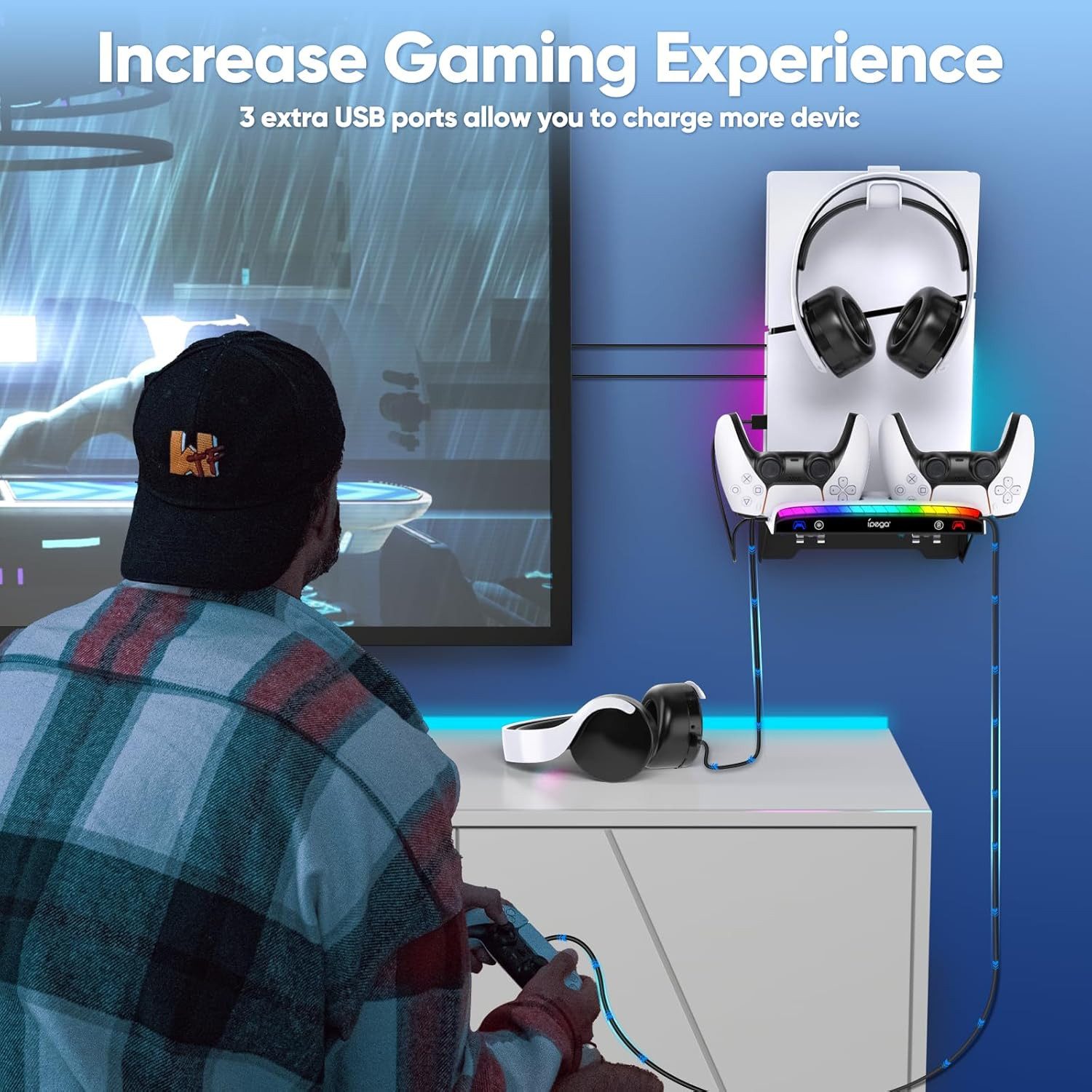 Tenlamp Wandhalterung für alle PS5-Modelle Pro/Slim/Original mit Ladestation Controller (Set, 1 St., Controller-Ladegerät mit RGB-Licht, Headset-Halter & USB-Hub)