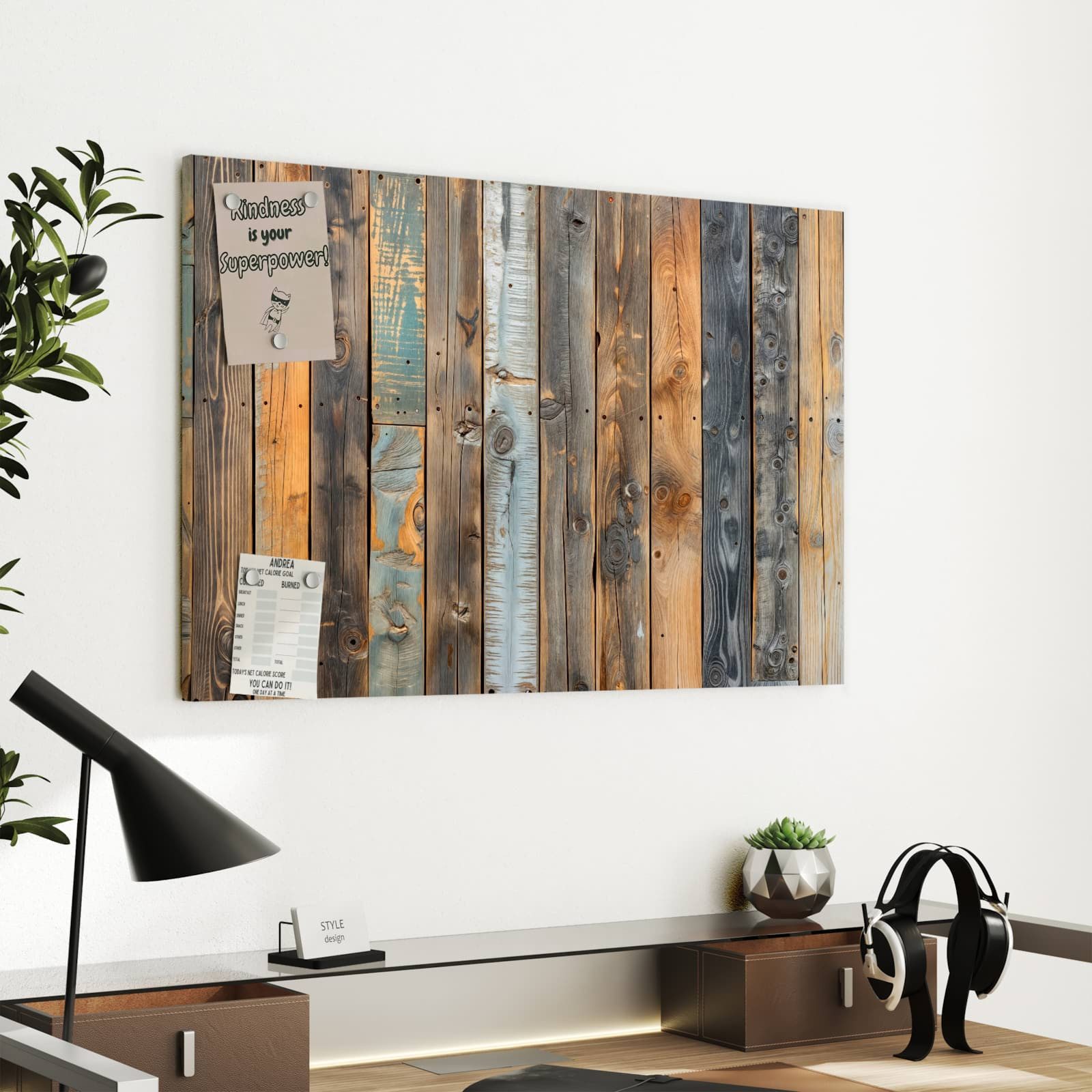 Primedeco Magnettafel Bunte Holzwand – Magnetwand & Memoboard aus Metall, (Komplett-Set, 1-tlg., Inklusive 4 Magnete und 2 Boardmarker (weiß & schwarz), magneti – Bild 4 von 5