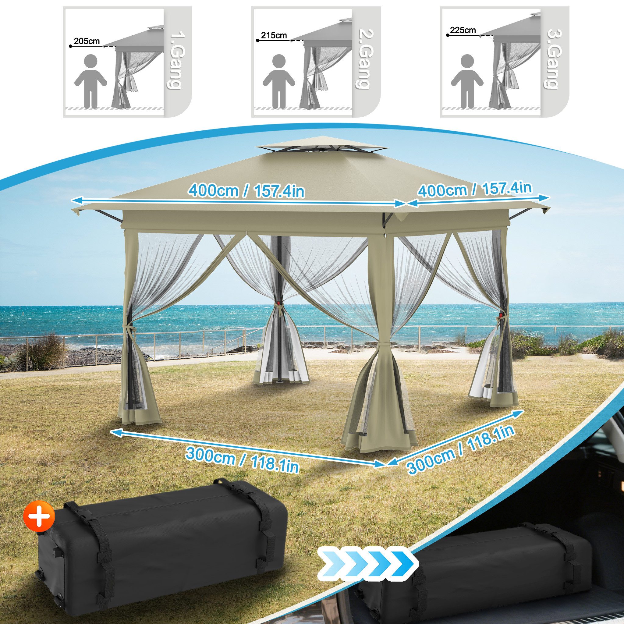 FIVMEN Partyzelt Gartenpavillon Pop Up Pavillon 3.6x3.6m, 3-Stufen Höhenverstellbar