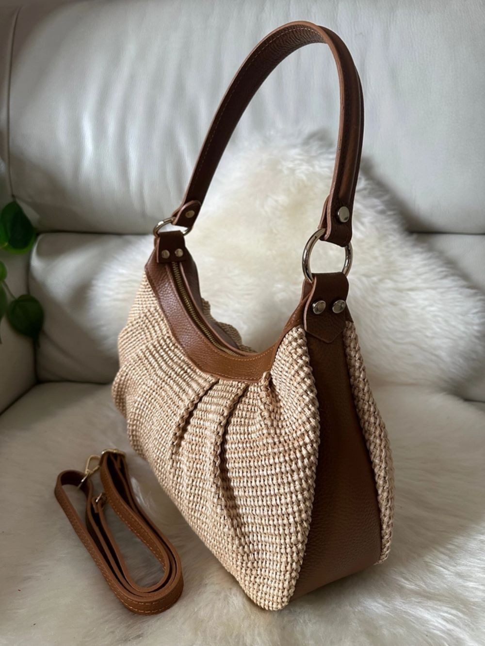 Goodman Design Schultertasche Raffiatasche mit Echtleder – Handgefertigte E günstig online kaufen
