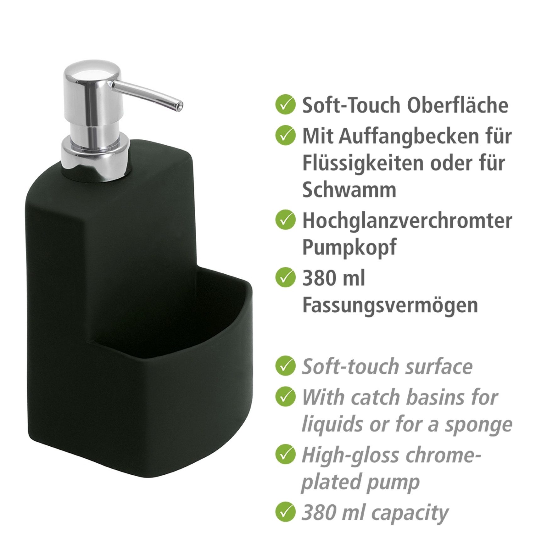 WENKO Spülmittelspender Modell Festival, aus Keramik, Soft-Touch Beschichtung, mit Spülschwamm-Fach, 380 ml