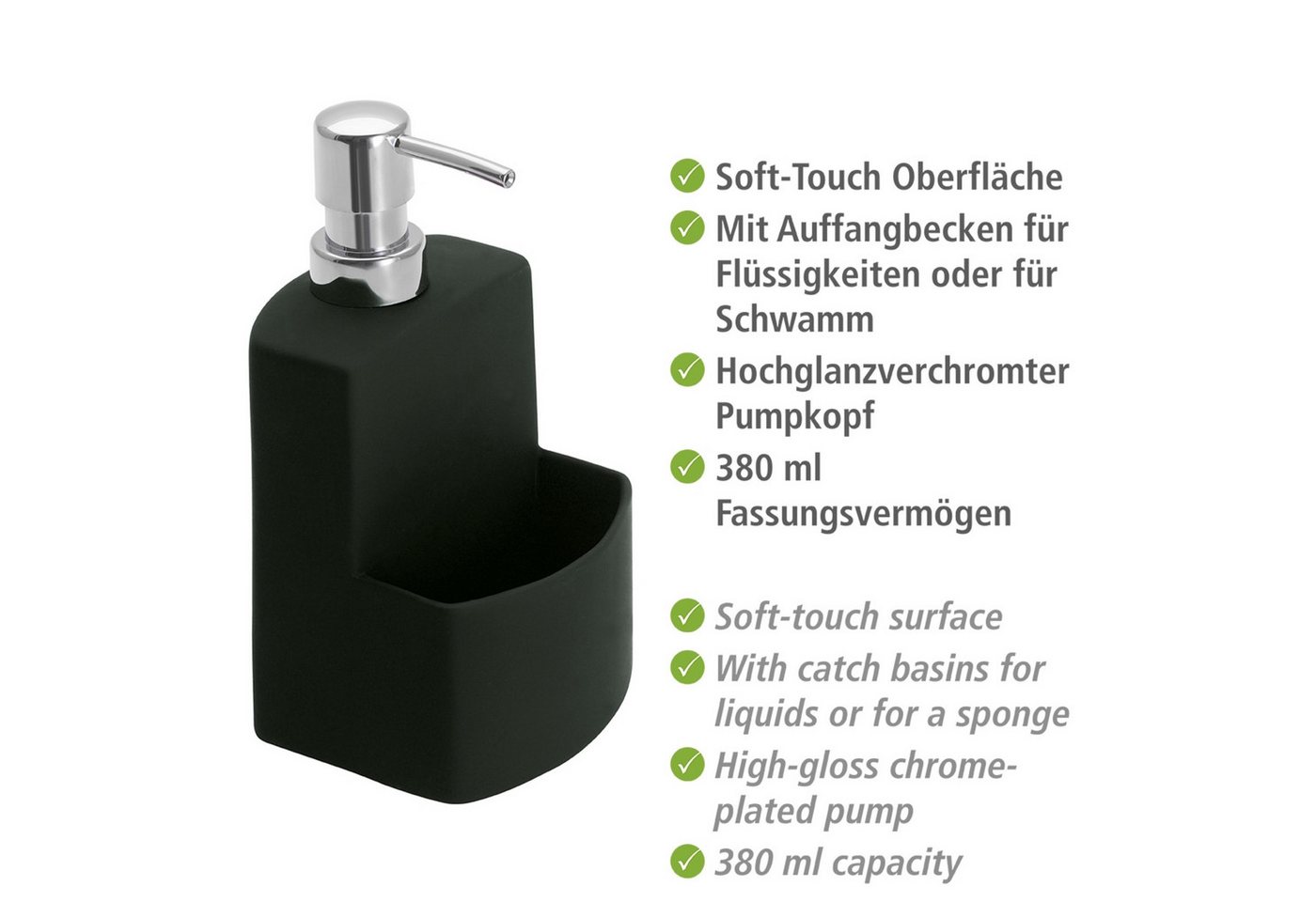 Thumbnail - WENKO Spülmittelspender Modell Festival, aus Keramik, Soft-Touch Beschichtung, mit Spülschwamm-Fach, 380 ml