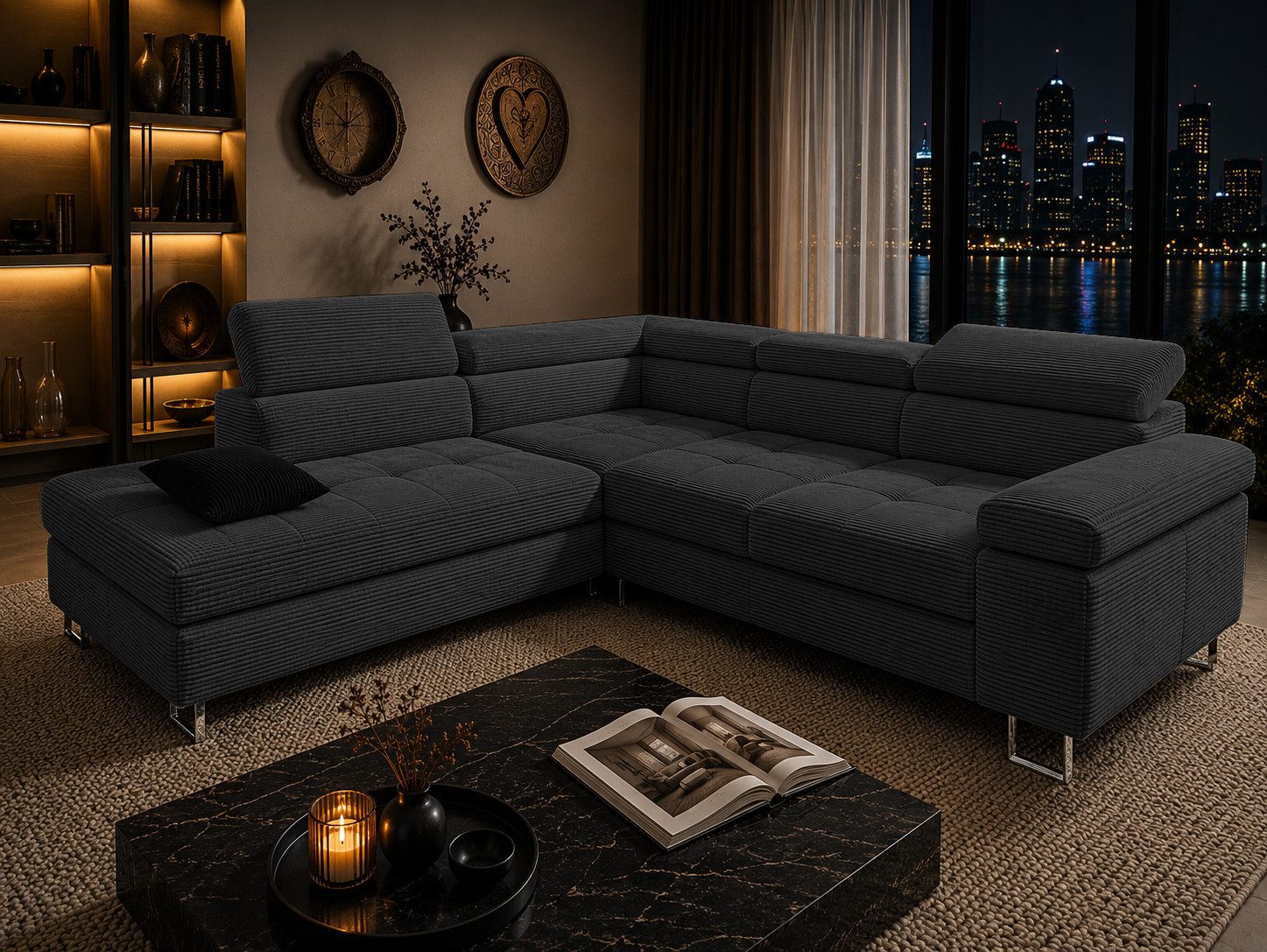 Goldstoff Ecksofa mit Schlaffunktion, Cord Couch für Wohnzimmer - Cord Ecksofa, Cord Sofa VOYAGE 2 Teile, Großer Bettkasten