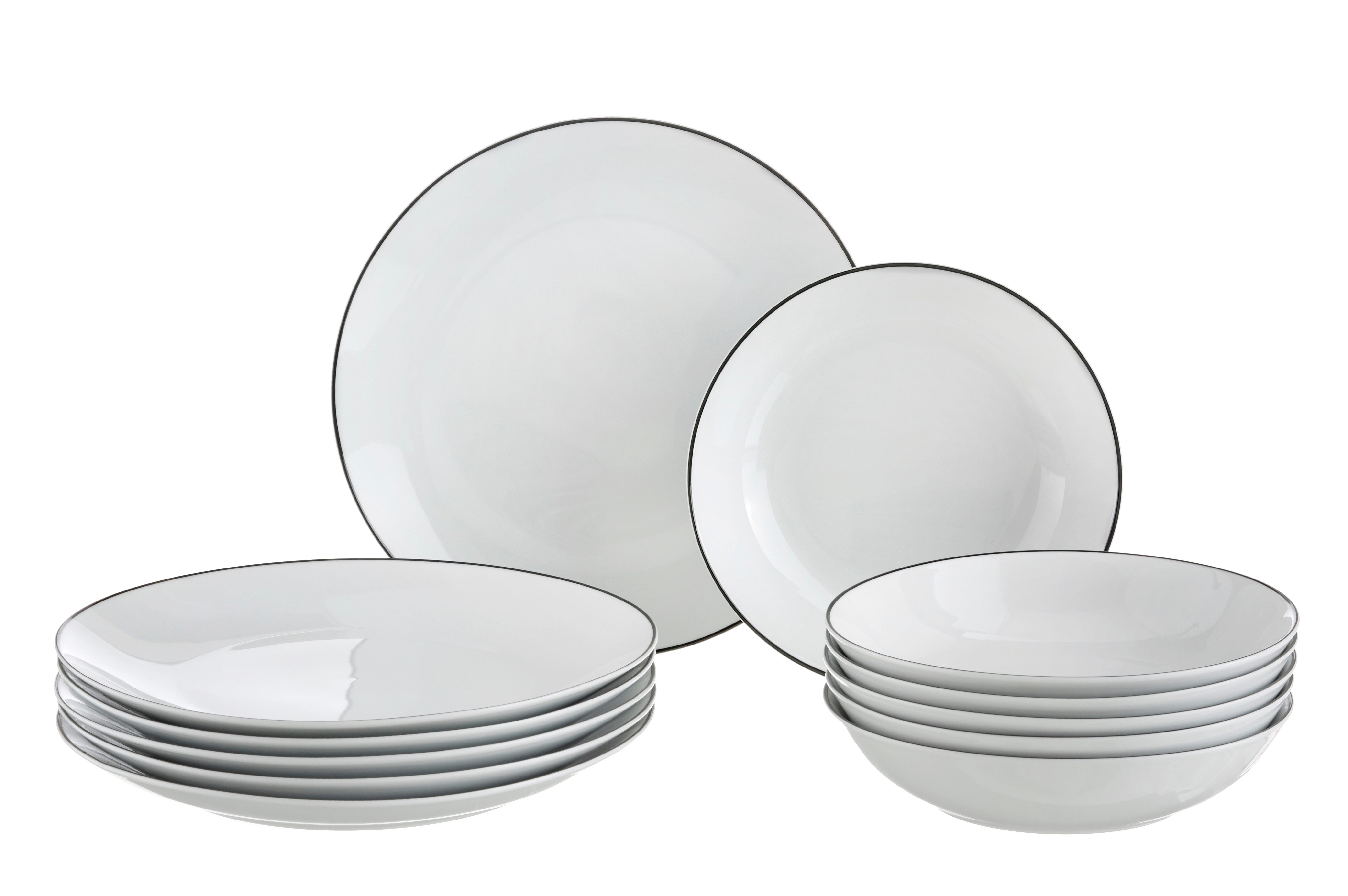 OTTO home Tafelservice Teller Set, Mellinn (12-tlg), 6 Personen, Porzellan, Geschirr, trendige Coupeform, handgemalte, schwarzes Liniendekor